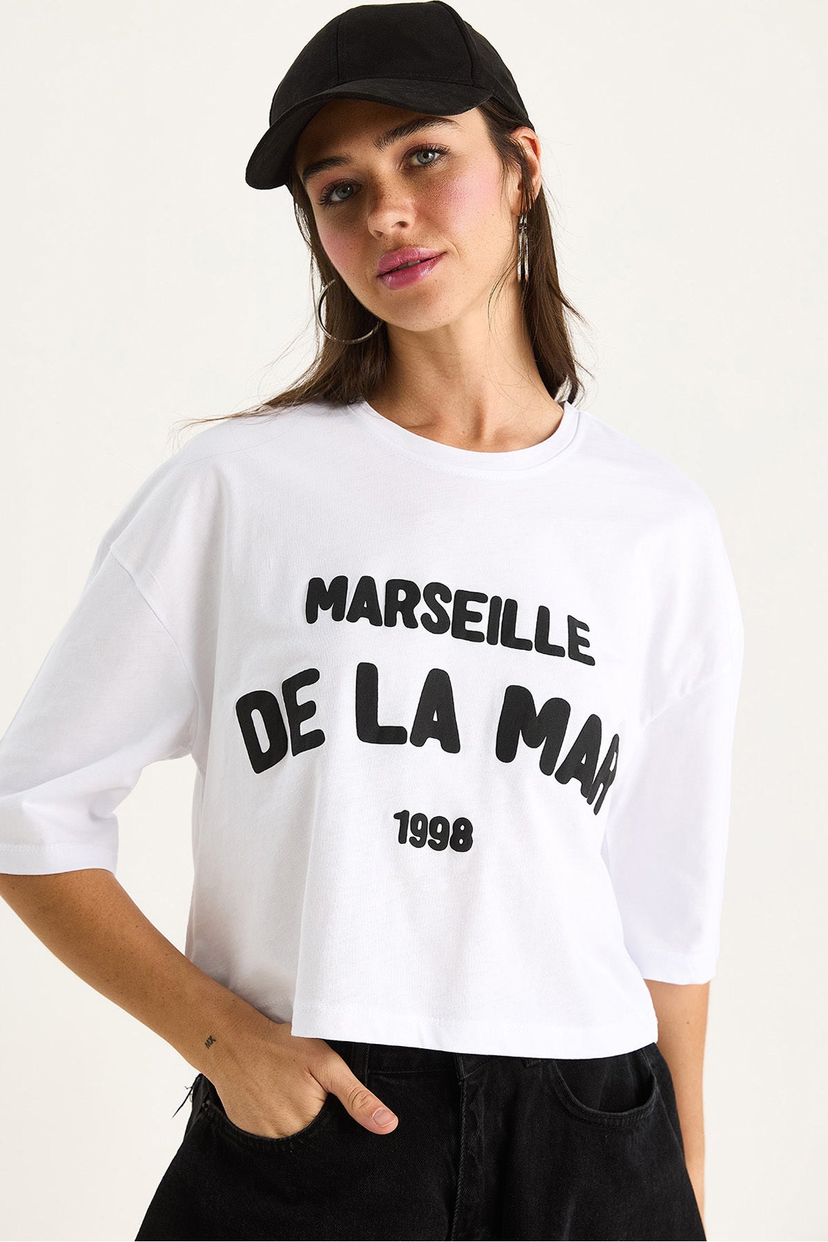 Women's Text Printed Crew Neck 100% Cotton Crop T-Shirt 6705 60283450