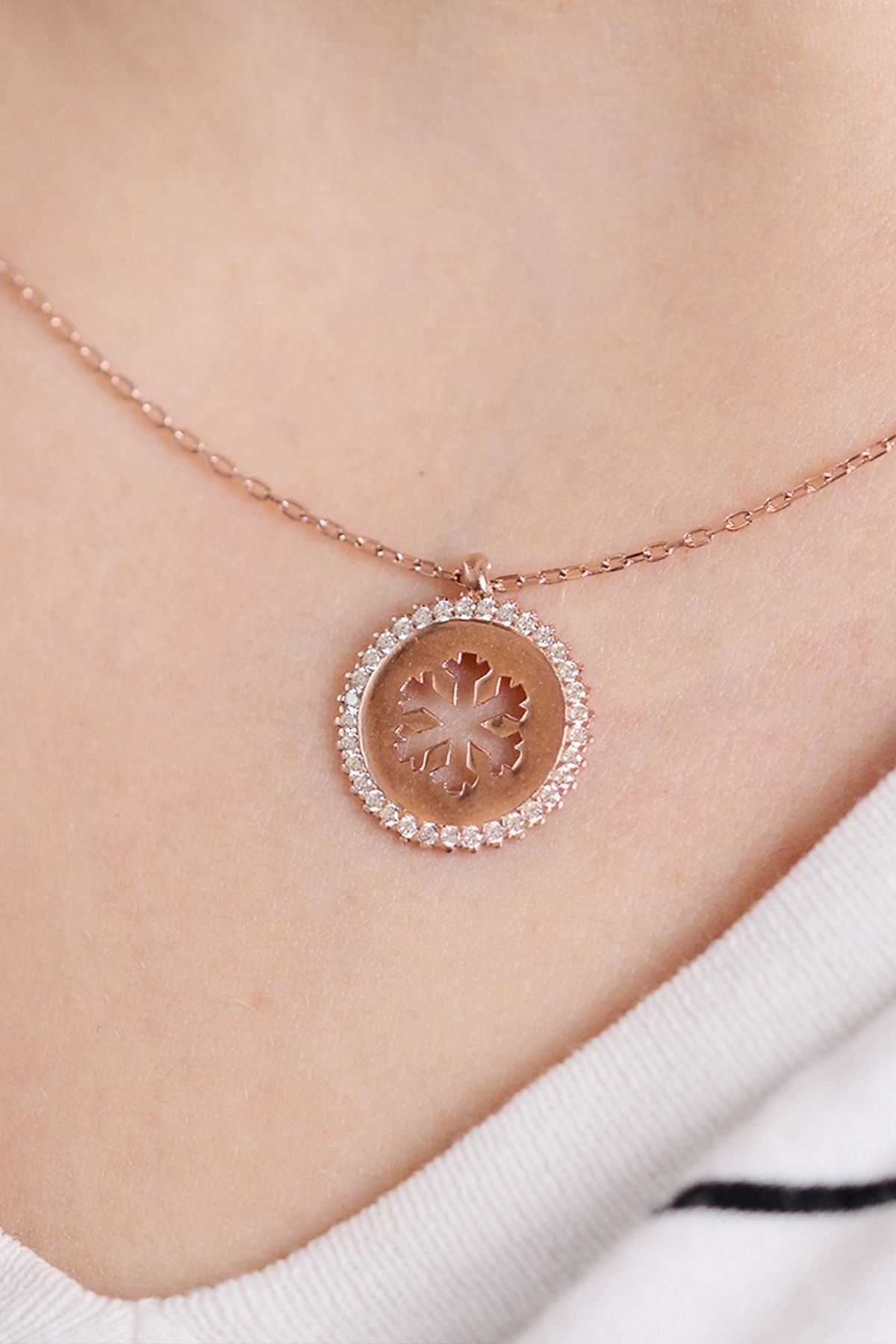 Snowflake Motif with Stone 14 K Rose Gold Plated Women Necklace