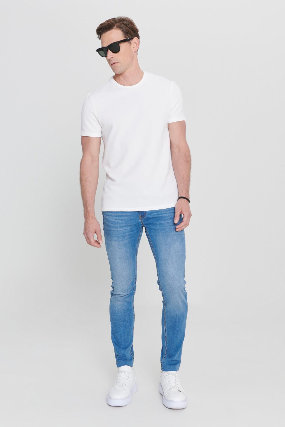 Men's white slim fit narrow cut modal bike collar soft button flexible basic t -shirt