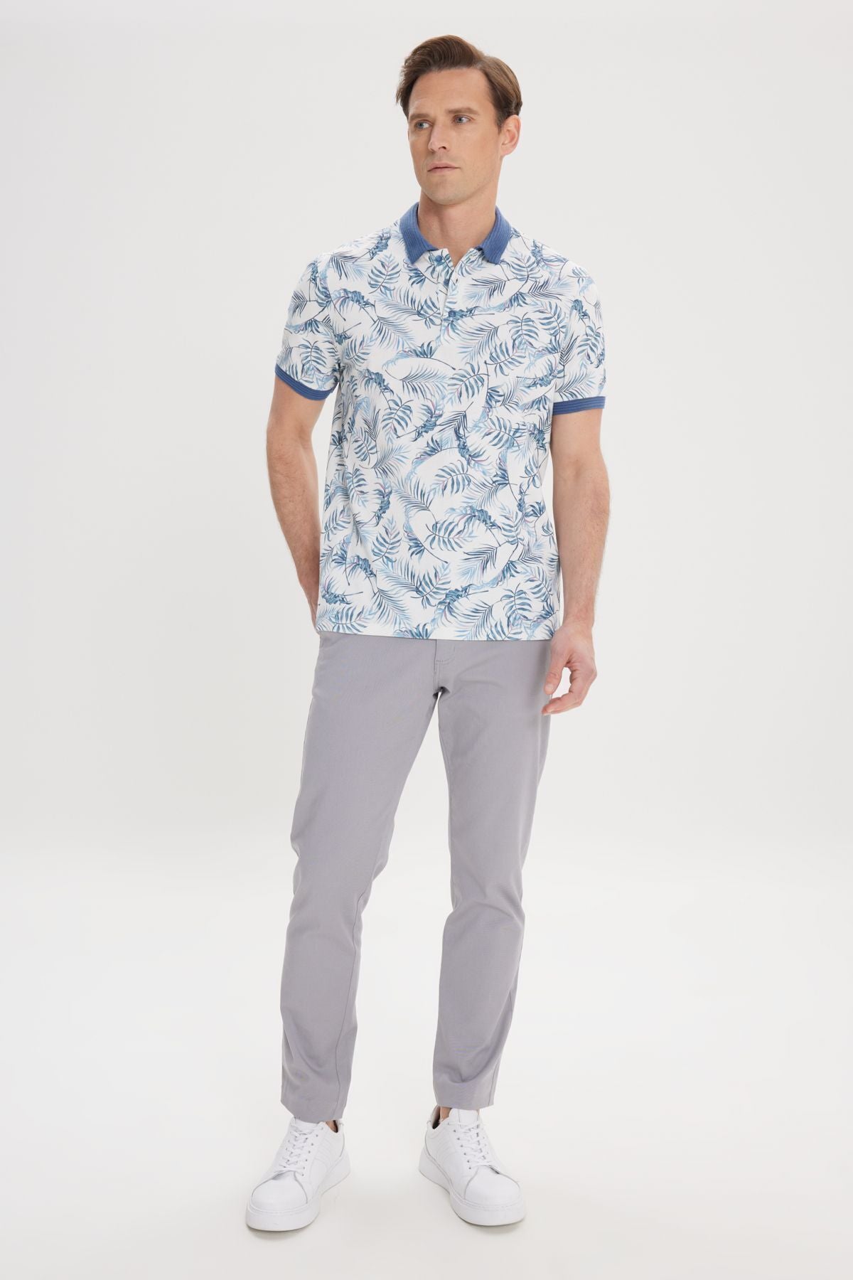 Men's White-Indigo Slim Fit Narrow Cut 100 %Cotton Printed Polo Yaka T-shirt
