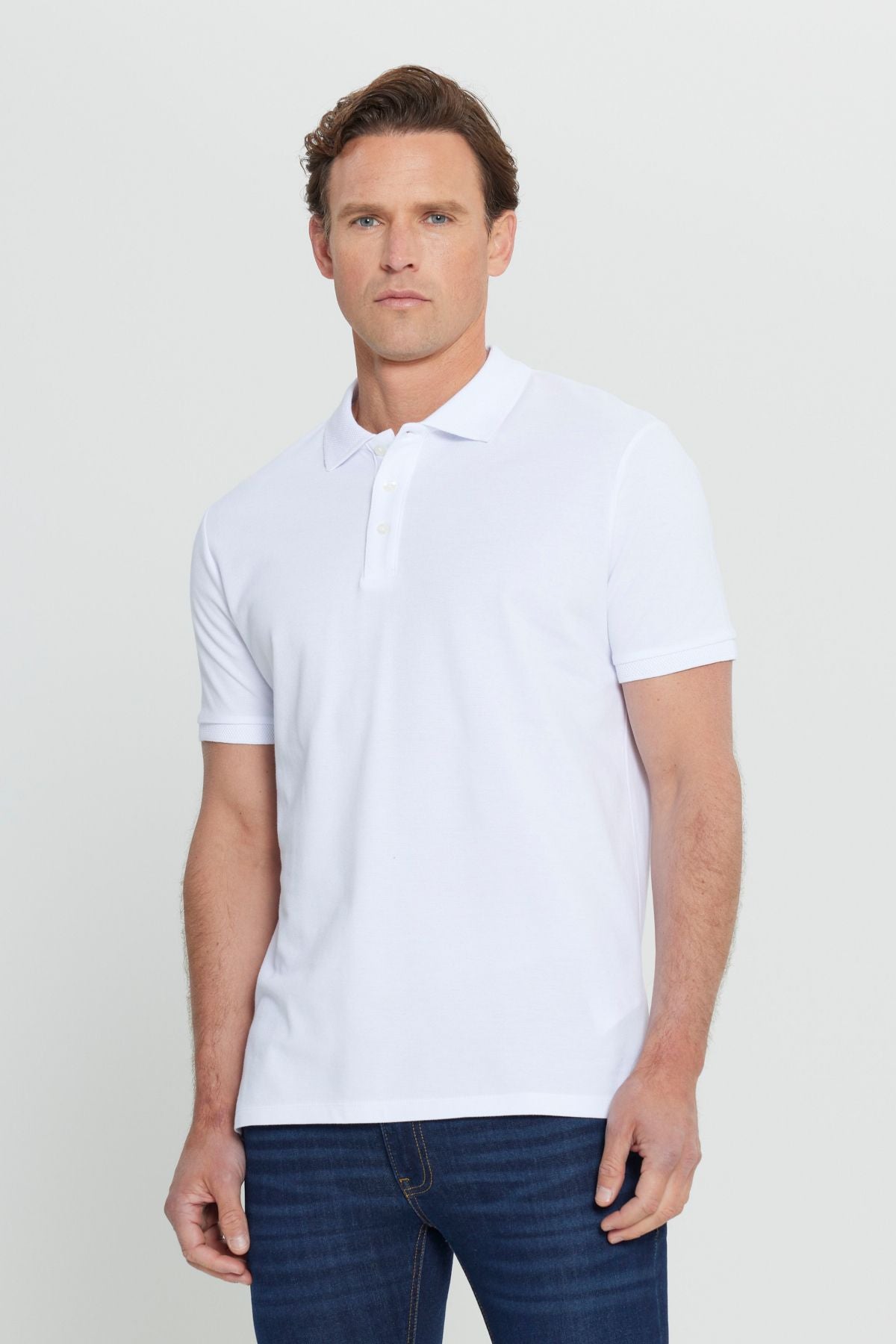 Men's White 100 %Cotton Curlled Pike Sada Slim Fit Narrow Cut T -shirt