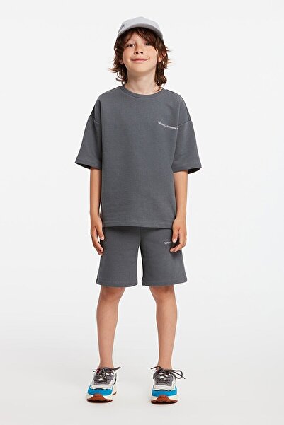 Bogota Boy's Embroidery Crew Neck Dark Gray Tracksuit Set