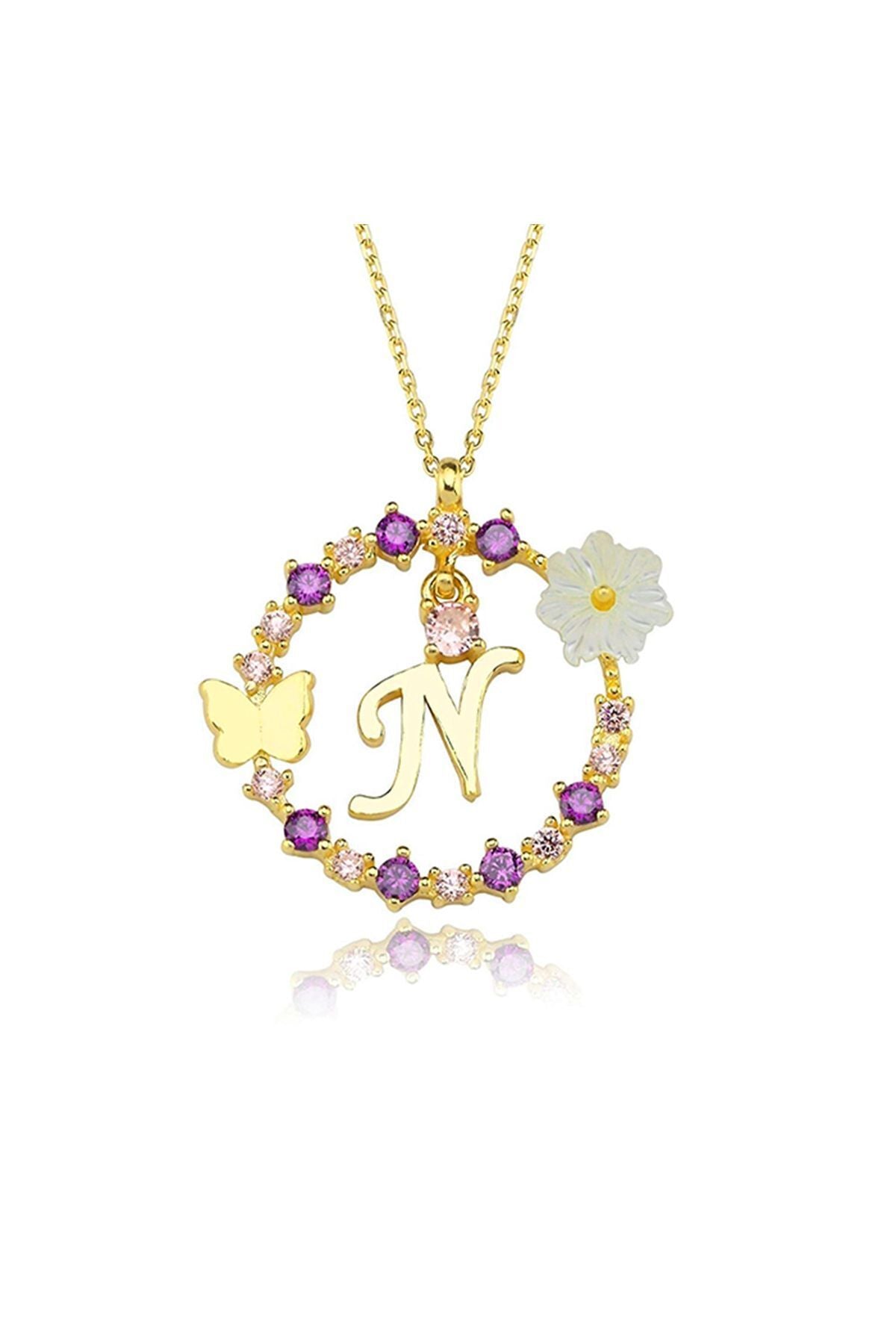 Magnolia Flower Dreams Glitter 14k Gold N Letter Women Necklace