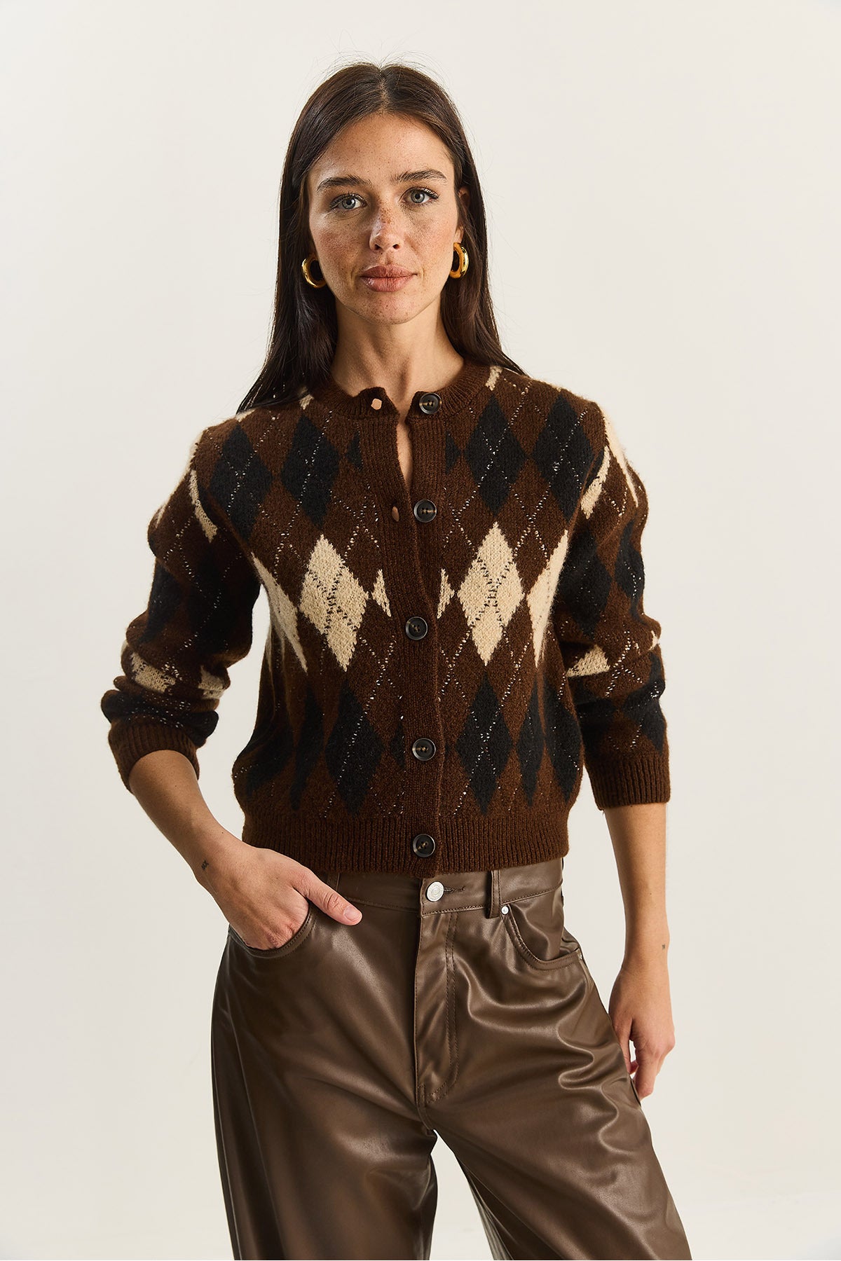 Women's Diamond Patterned Crew Neck Cardigan 20251098