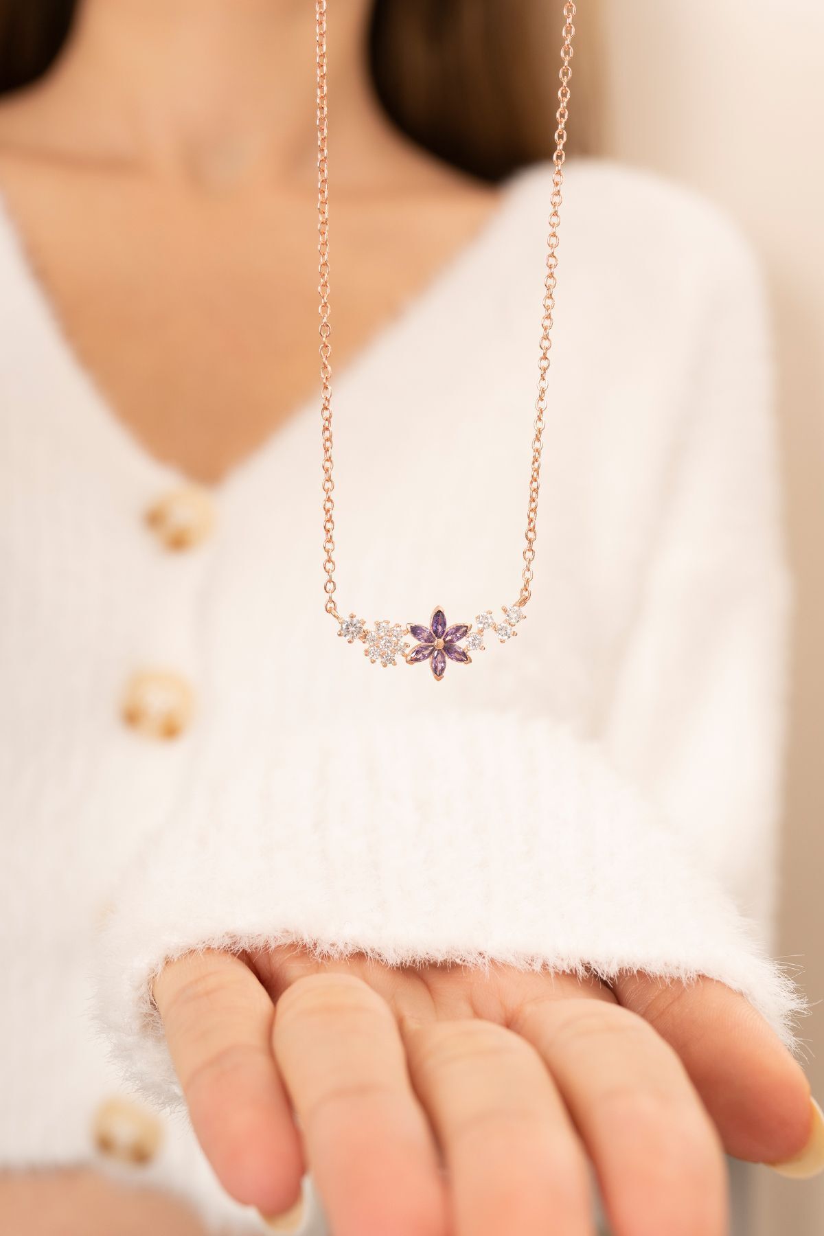 Remember Me Flower Purple Stone 14 K Rose Gold Plated Women Necklace
