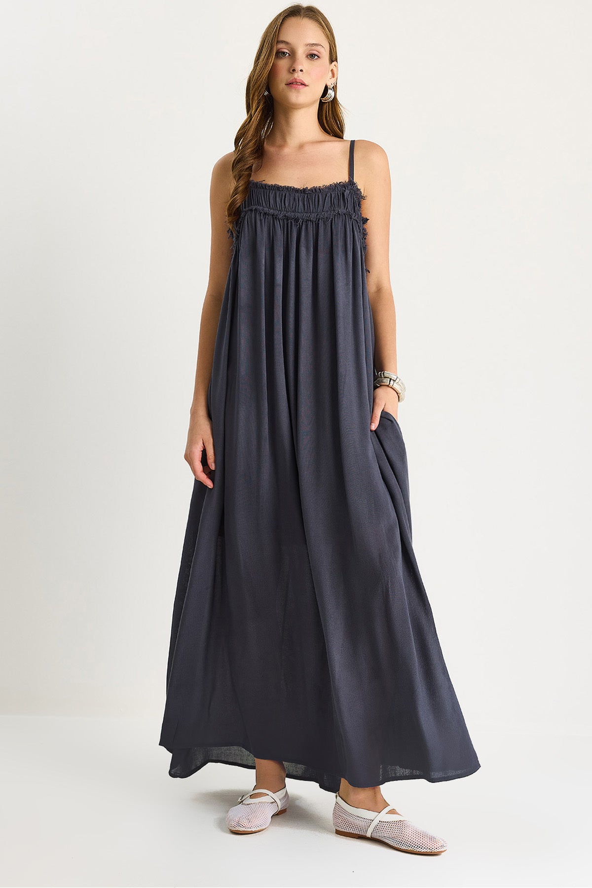 Women's Thin Strap Gathered Pocket Detailed Lined Thin Cotton Dress 60283512