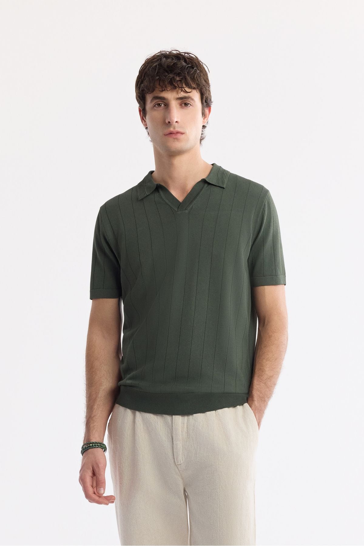 Men's Khaki Buttonless Polo Yaka Length Rayon Rayon Triko T-Shirt A51y5015