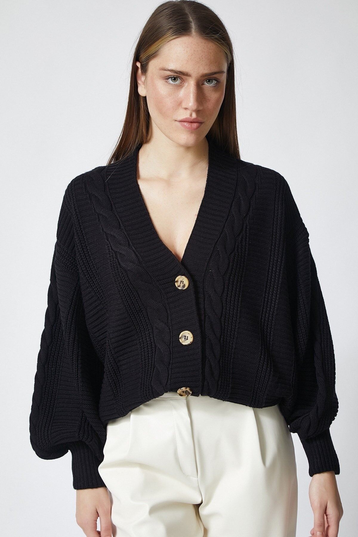Female black braided balloon sleeve shabby knitwear cardigan za00039