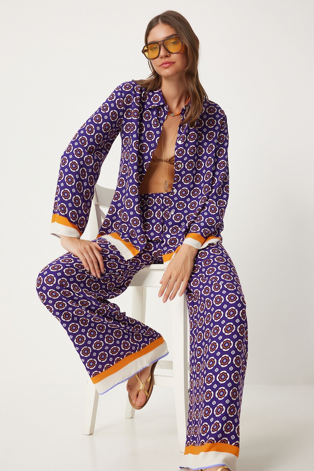 Woman purple white patterned summer viscose shirt palazzo pants set FN03272