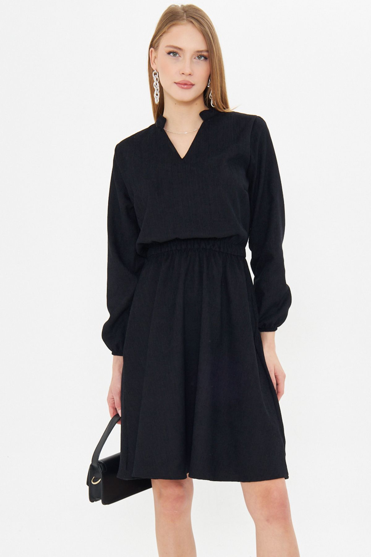Female Black Velvet V-Yaka Waist Fine Wick with Rubber Clash Dress ARM-25K001049