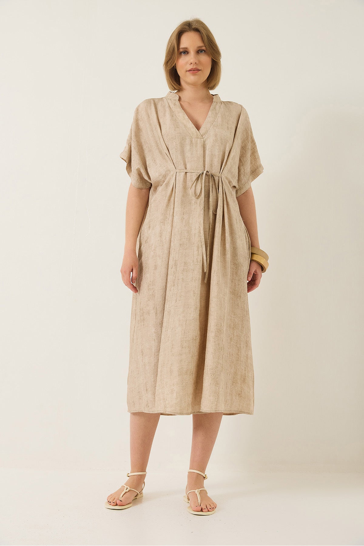 Women's V-Neck Tie Detailed Pocket Bat-Cut Casual Dress 60283210