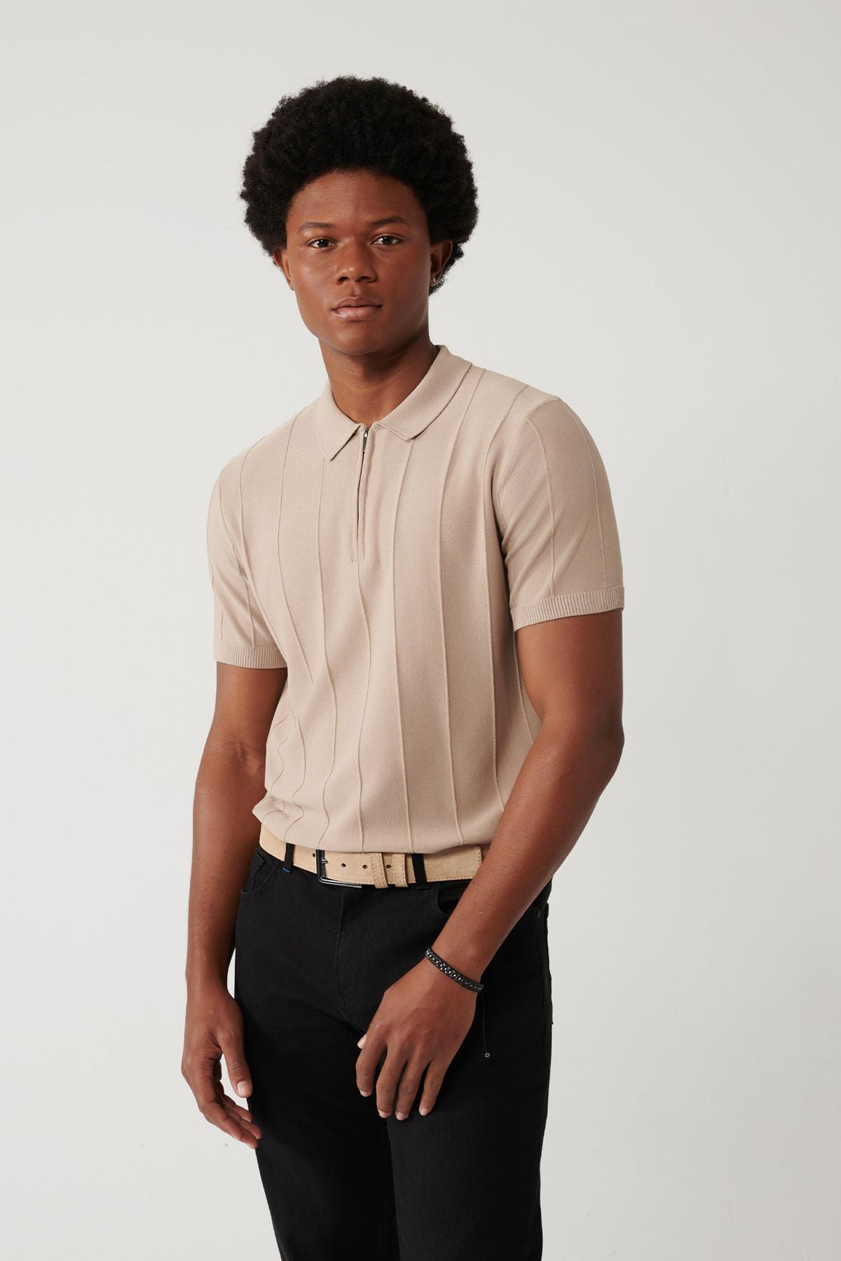 Men's mink zipper rayon wick braided polo collar knitwear T-shirt A41y5073