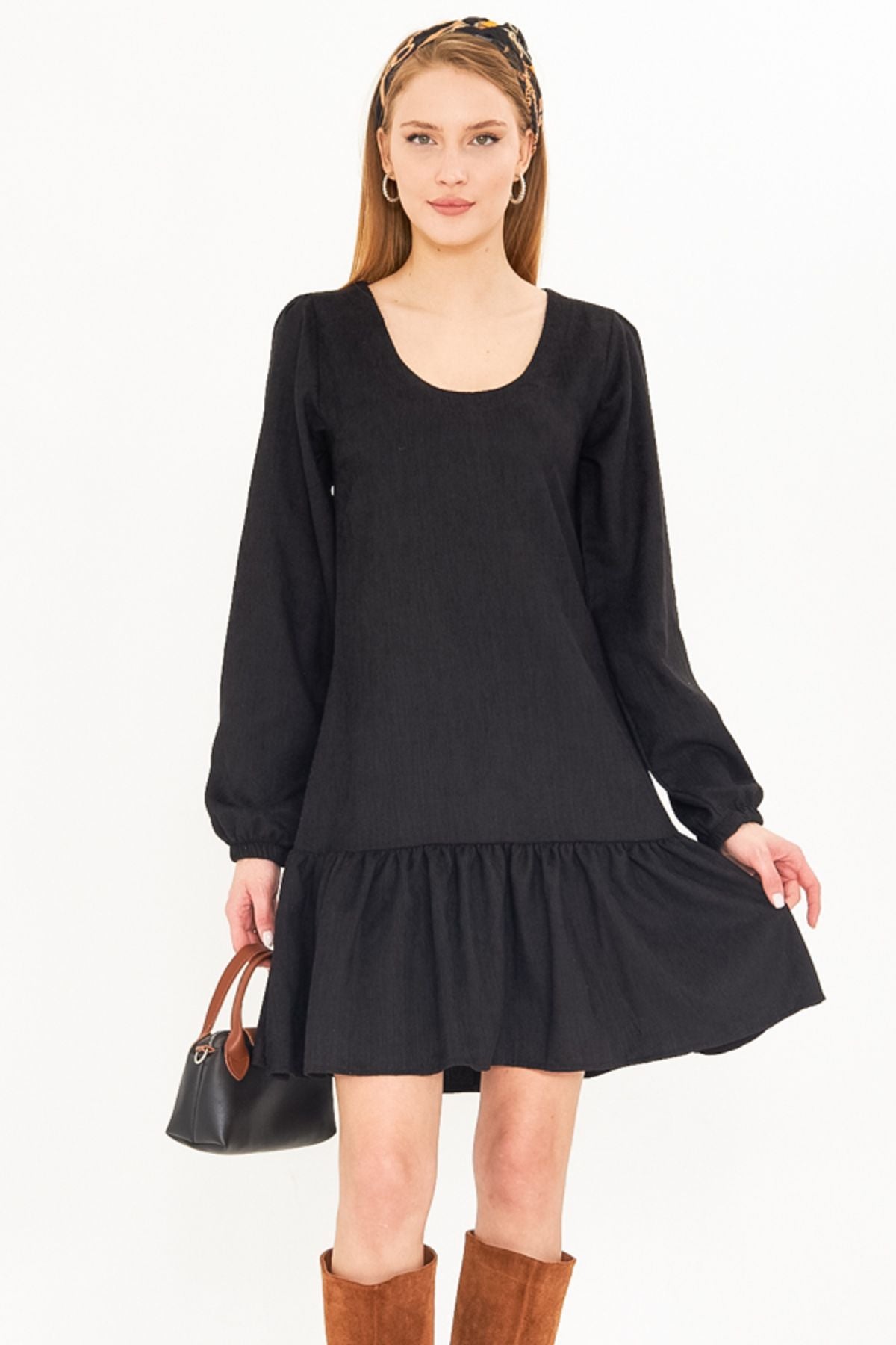 Female Black U-Neck Skirt Frobe Sleeves with Rubber Velvet Short Dress ARM-25K001086