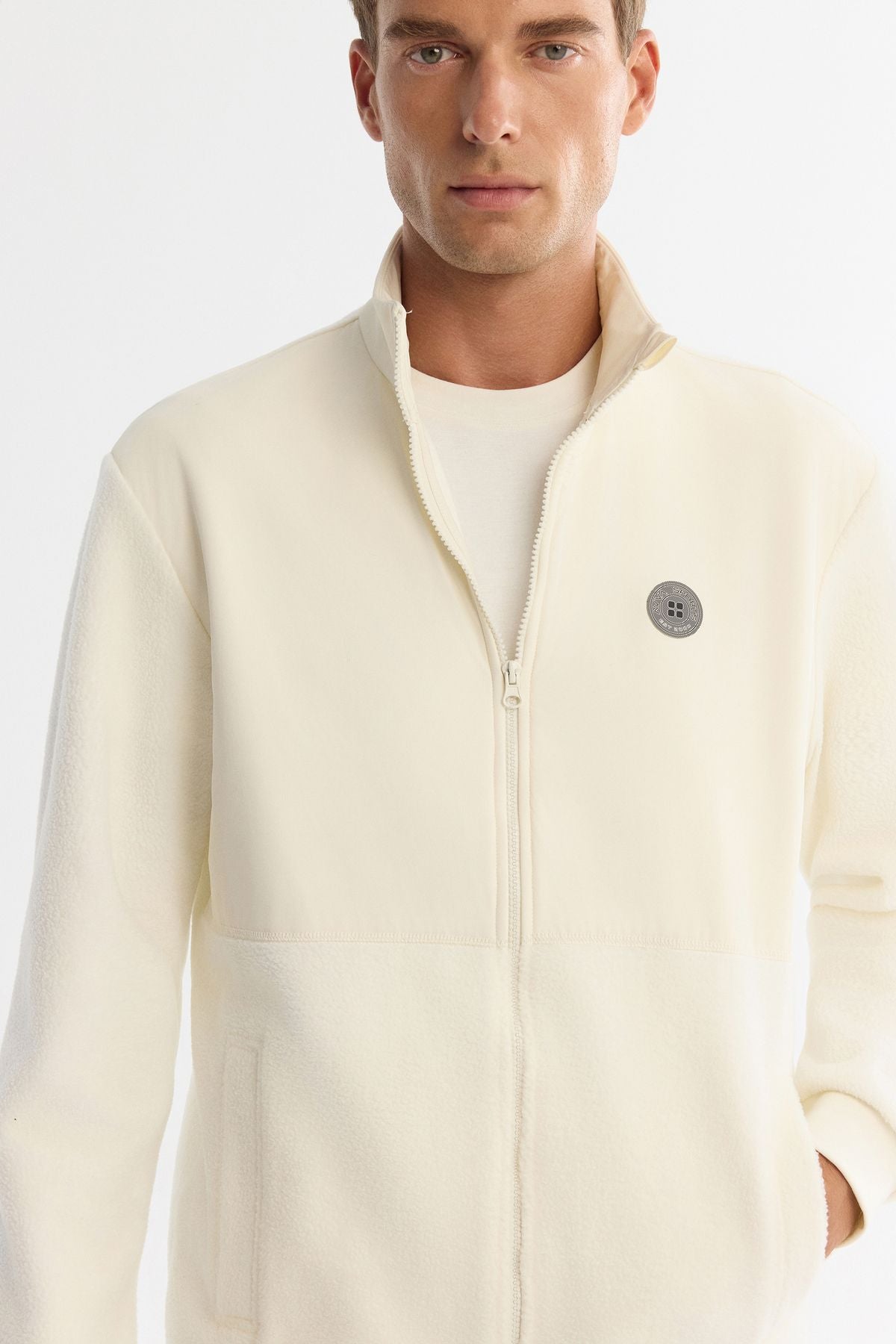 Men's Ecru Cool -resistant vertical collar printed zipper fleece sweatshirt a42y1311