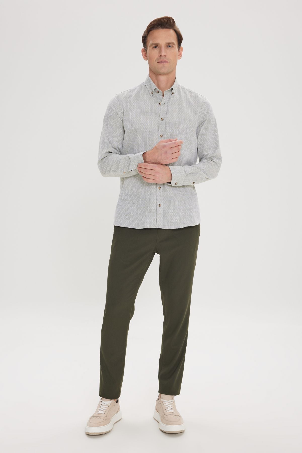 Men's Green Slim Fit Narrow Cutting 100 %Cotton Amelor Buttoned Button Casual Shirt