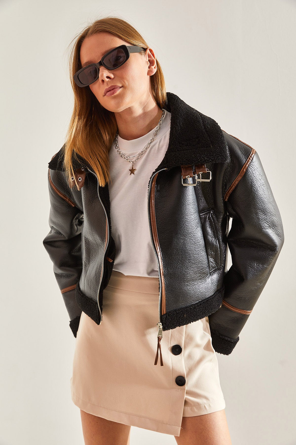 Women's Collar Belted Laminated Jacket 2289