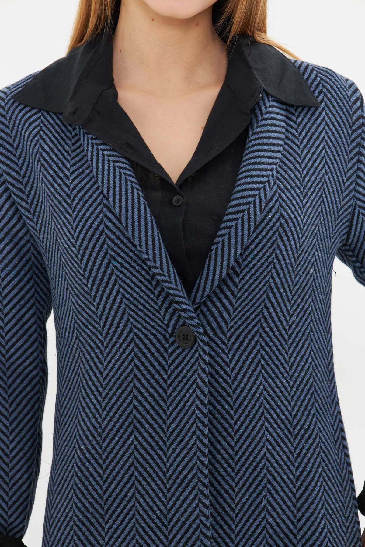 Woman Dark Blue Fish Pattern Pattern Folding Single buttoned stamp jacket ARM-24K001066