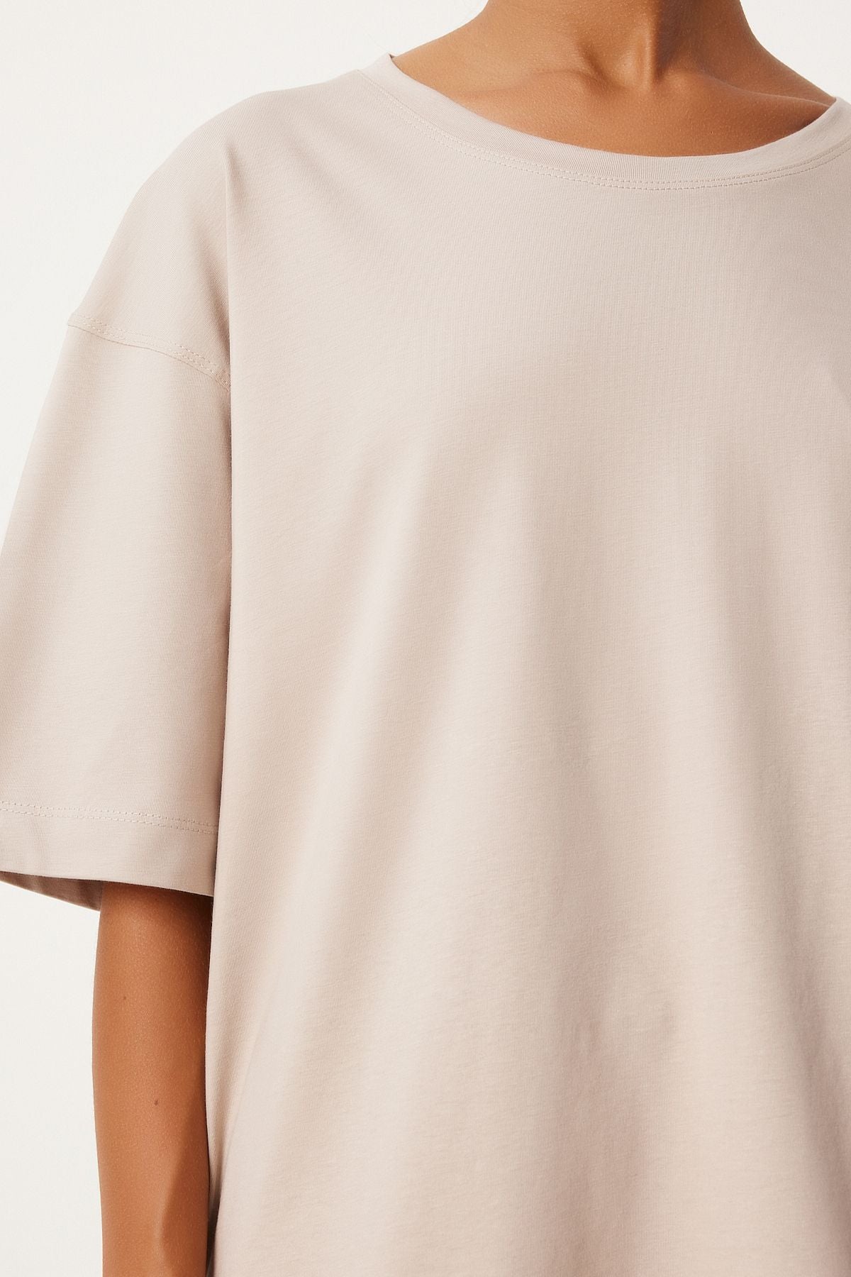 Woman Beige Oversize T-Shirt Volan Knitting Skirt Set UB00291