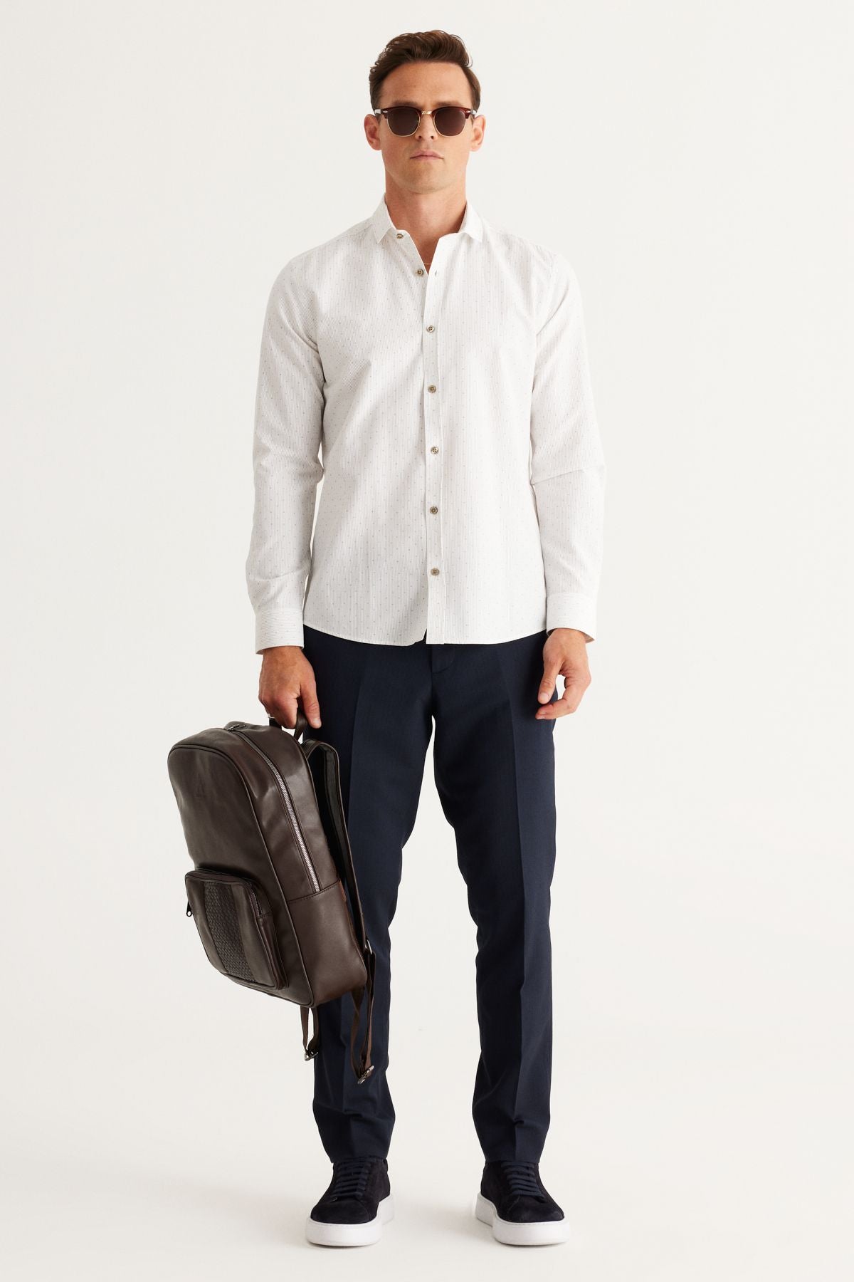 Men's White-Haki Cotton Oxford breathing slim fit narrow cut italian collar printed shirt