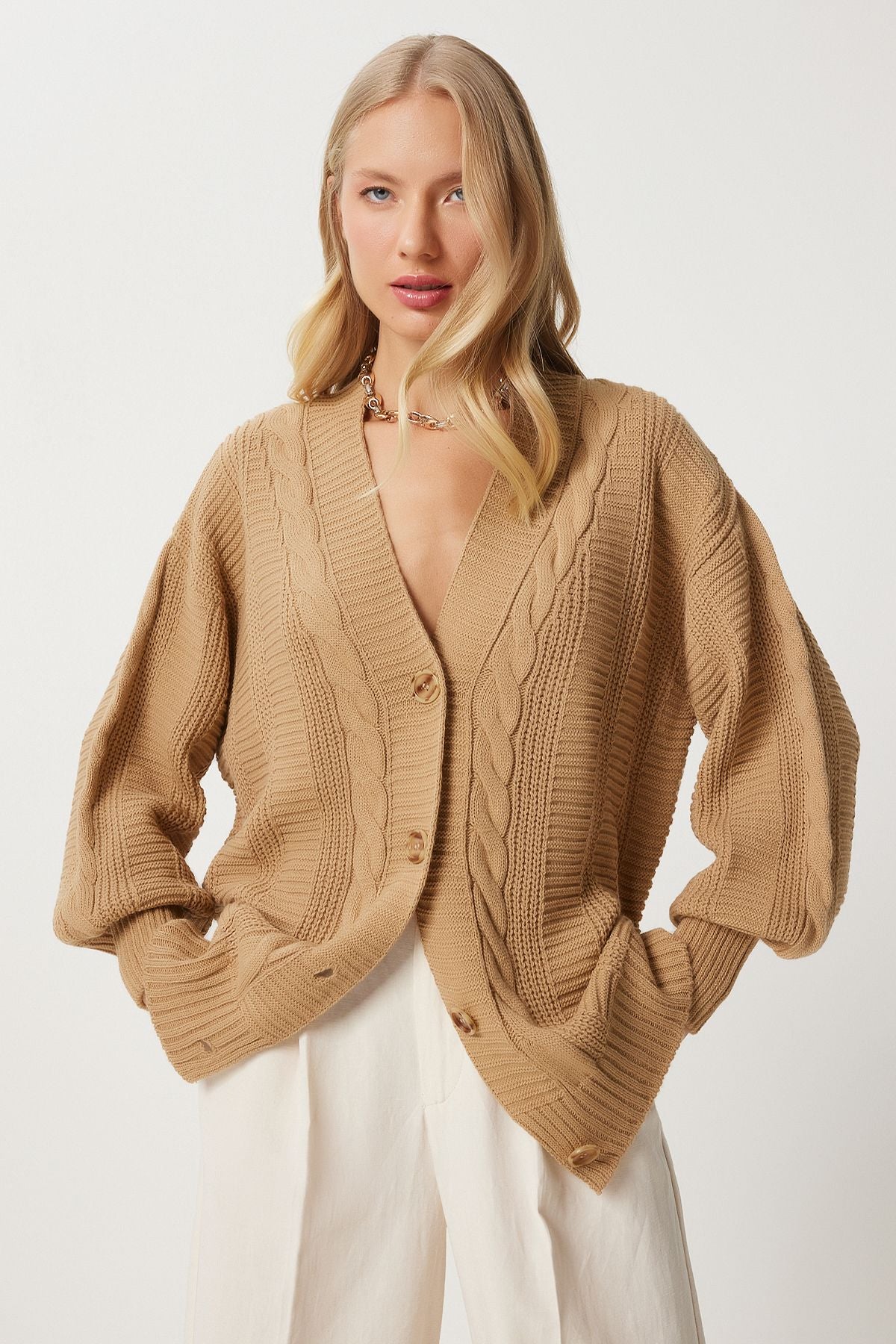 Female biscuit braided bubble sleeve shabby knitwear cardigan za00039