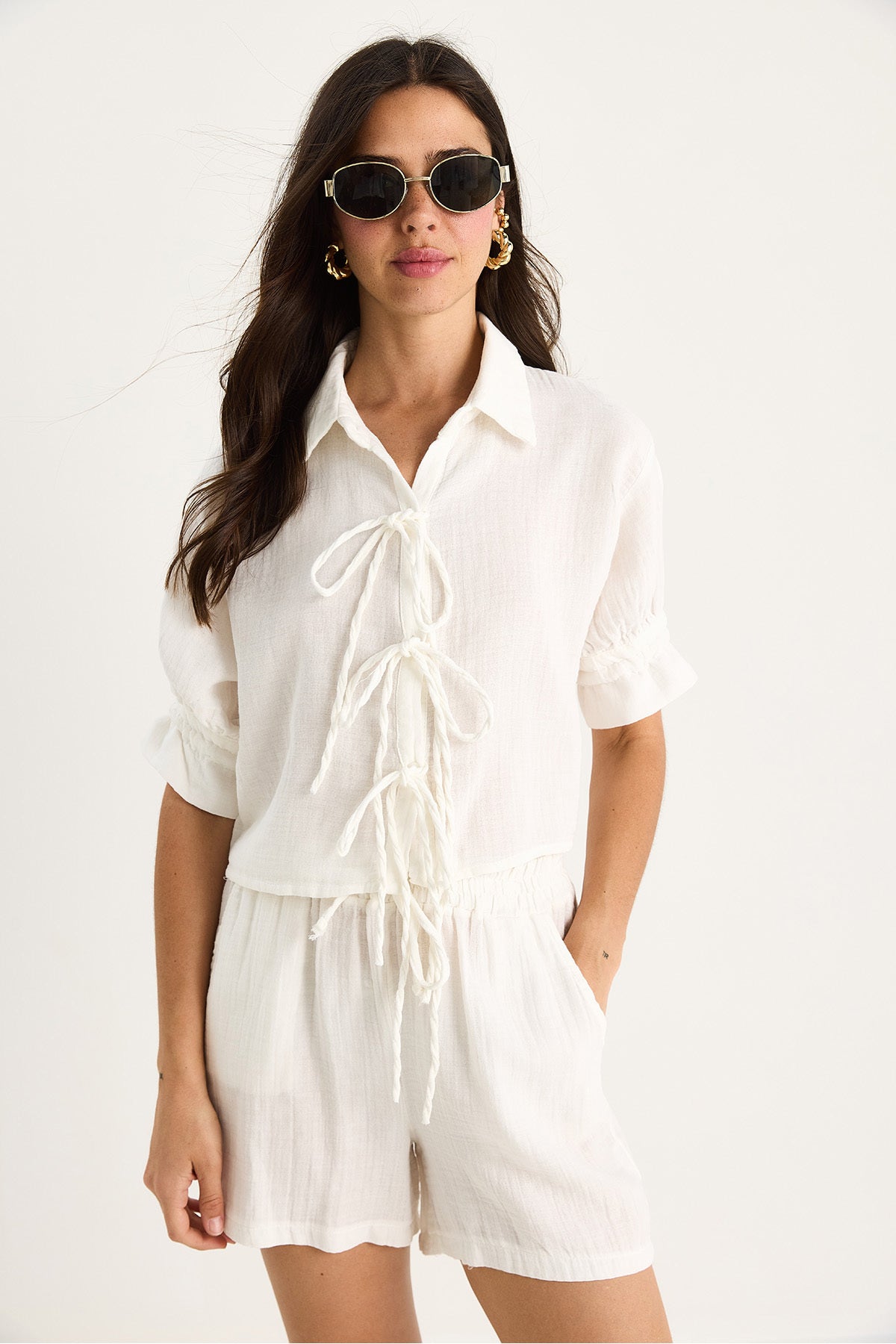 Women's Tie Detailed Sleeves Gathered Muslin Crop Shirt 2111 60283446