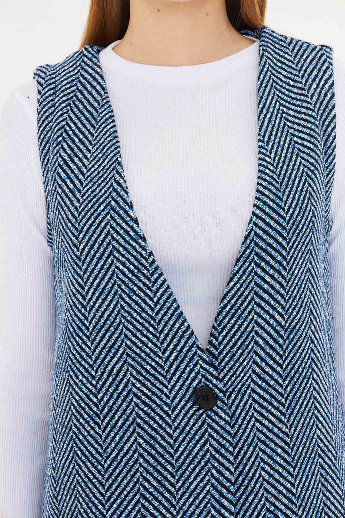 Woman Blue V-Neck Single Button Oversize Patterned Vest ARM-25K001110