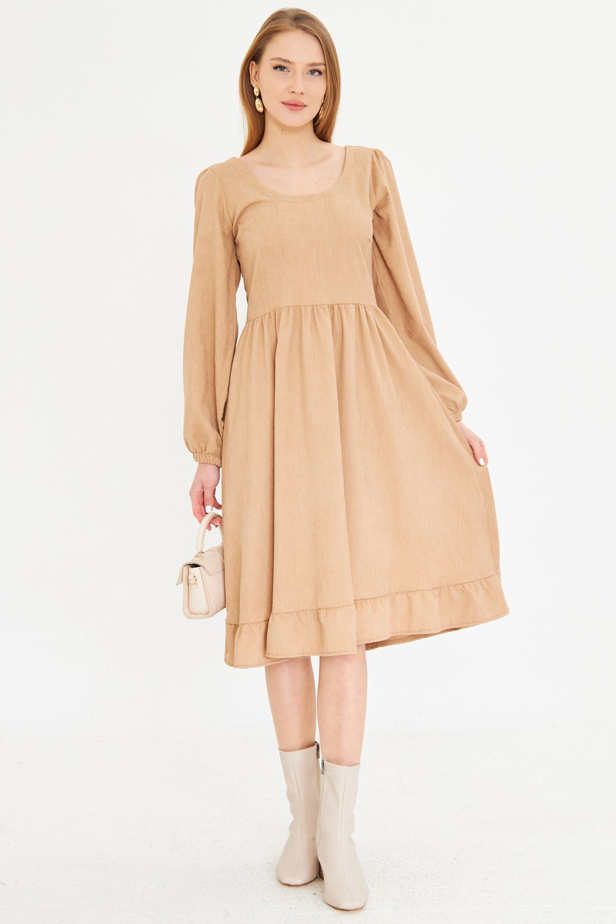 Female Beige U Back Back Zipper Waist Midi Boy Velvet Dress ARM-25K001103