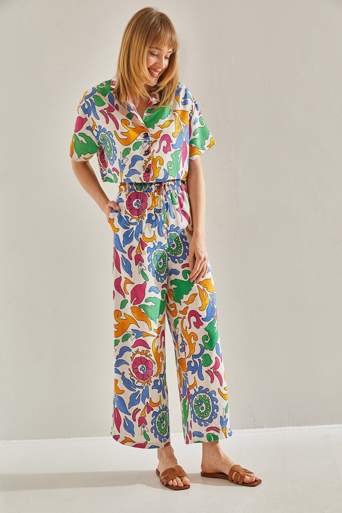 Crop Set with Palazzo Double Pants with Orange Ethnic Patterned 60251023