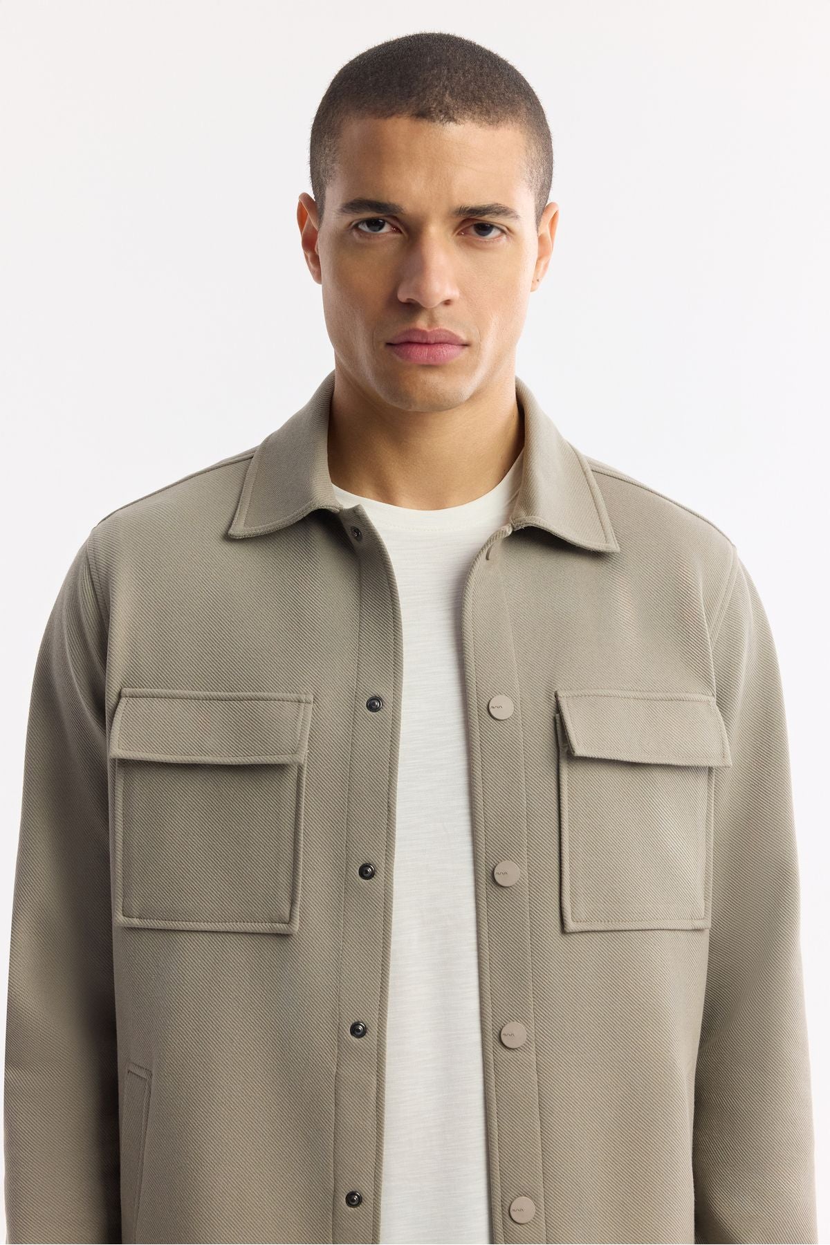 Men's oil green classic collar diagonel dual pocket lid knitted shirt jacket A51y2048