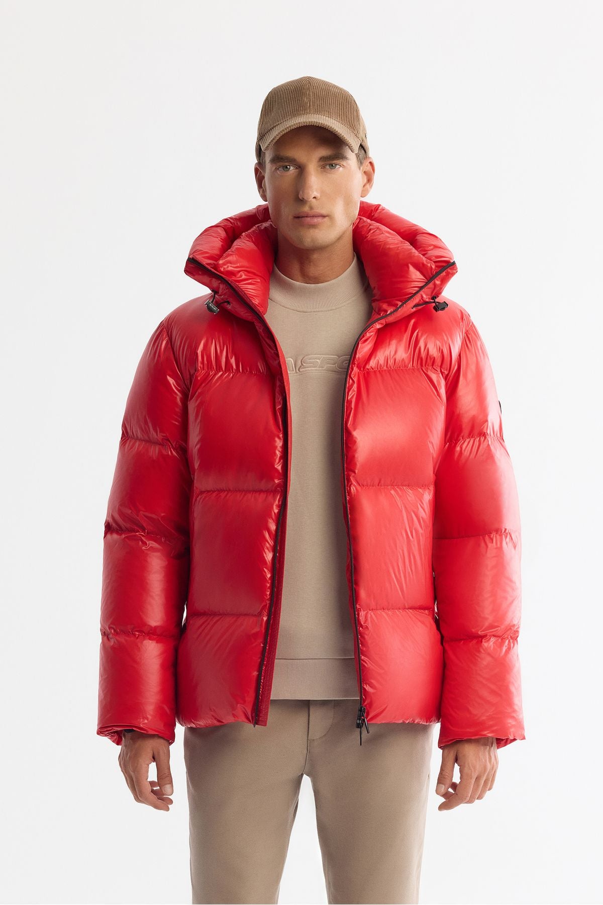 Men's red hooded goose feather water relief windproof -20 degrees resistant swelling coat A42y6182