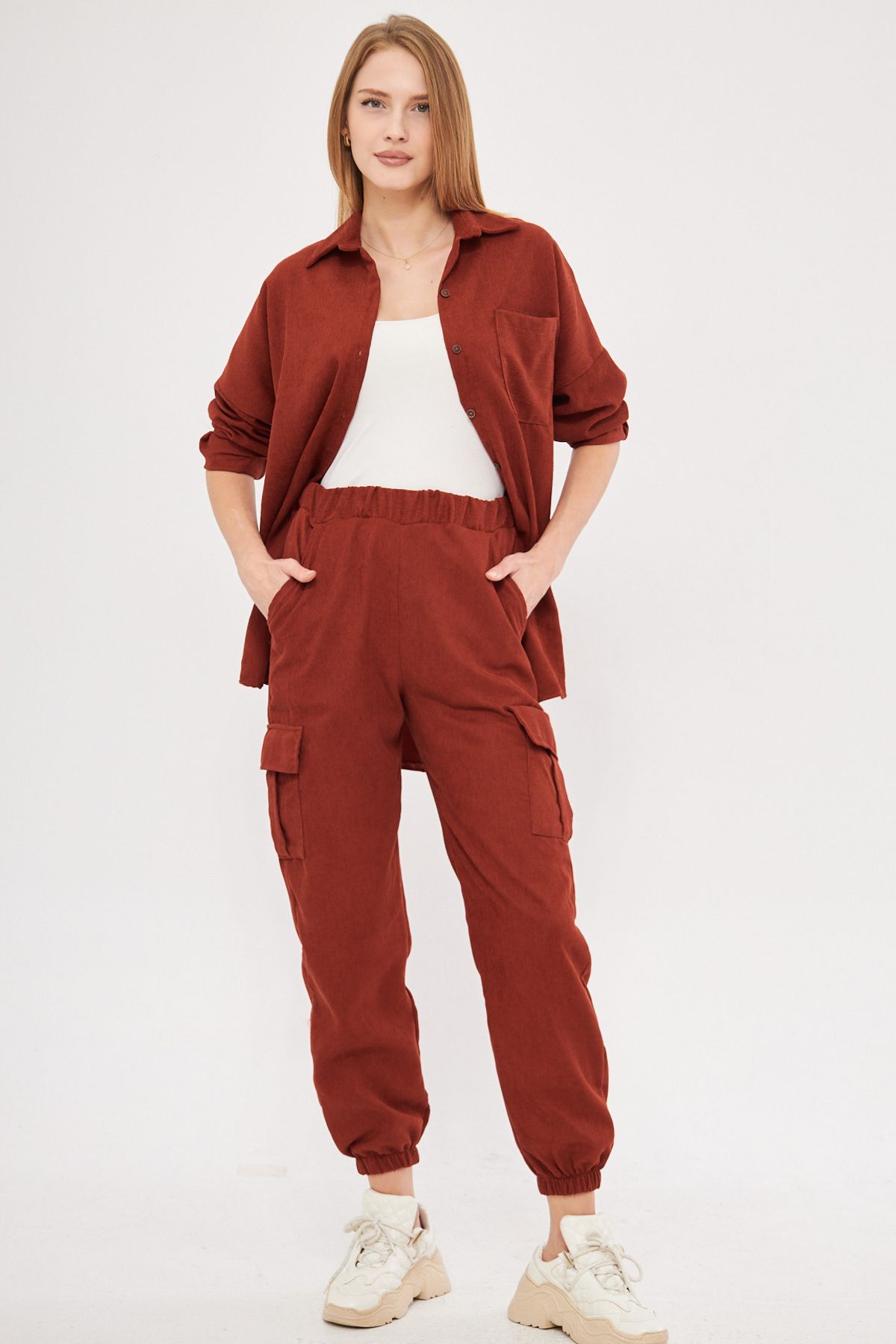 Female Tile Velvet Waist and Tire Thin Fine Cargo Pants Arm-25k001035