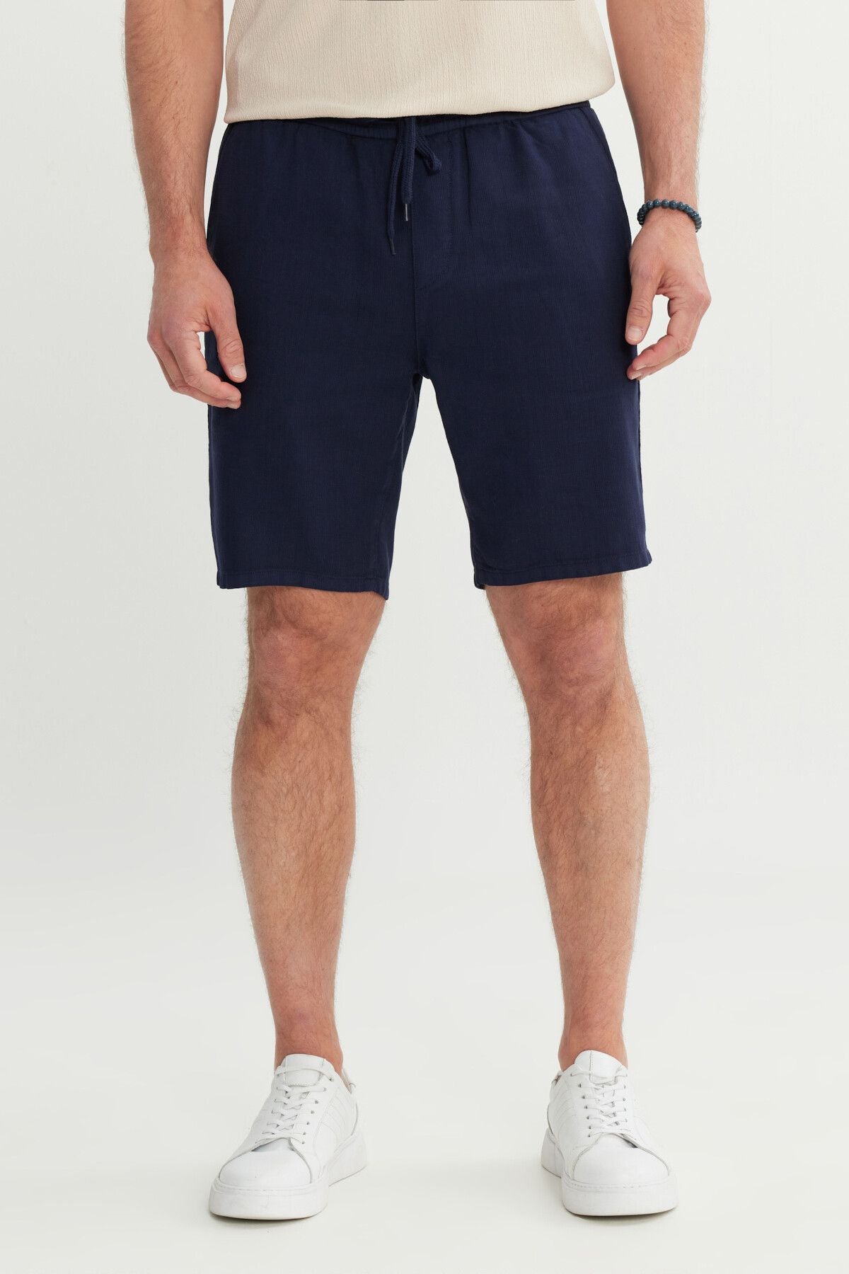 Men's Navy Blue 100 %Cotton Comfort Fit Waist Tied Flami Side Pocket Shorts