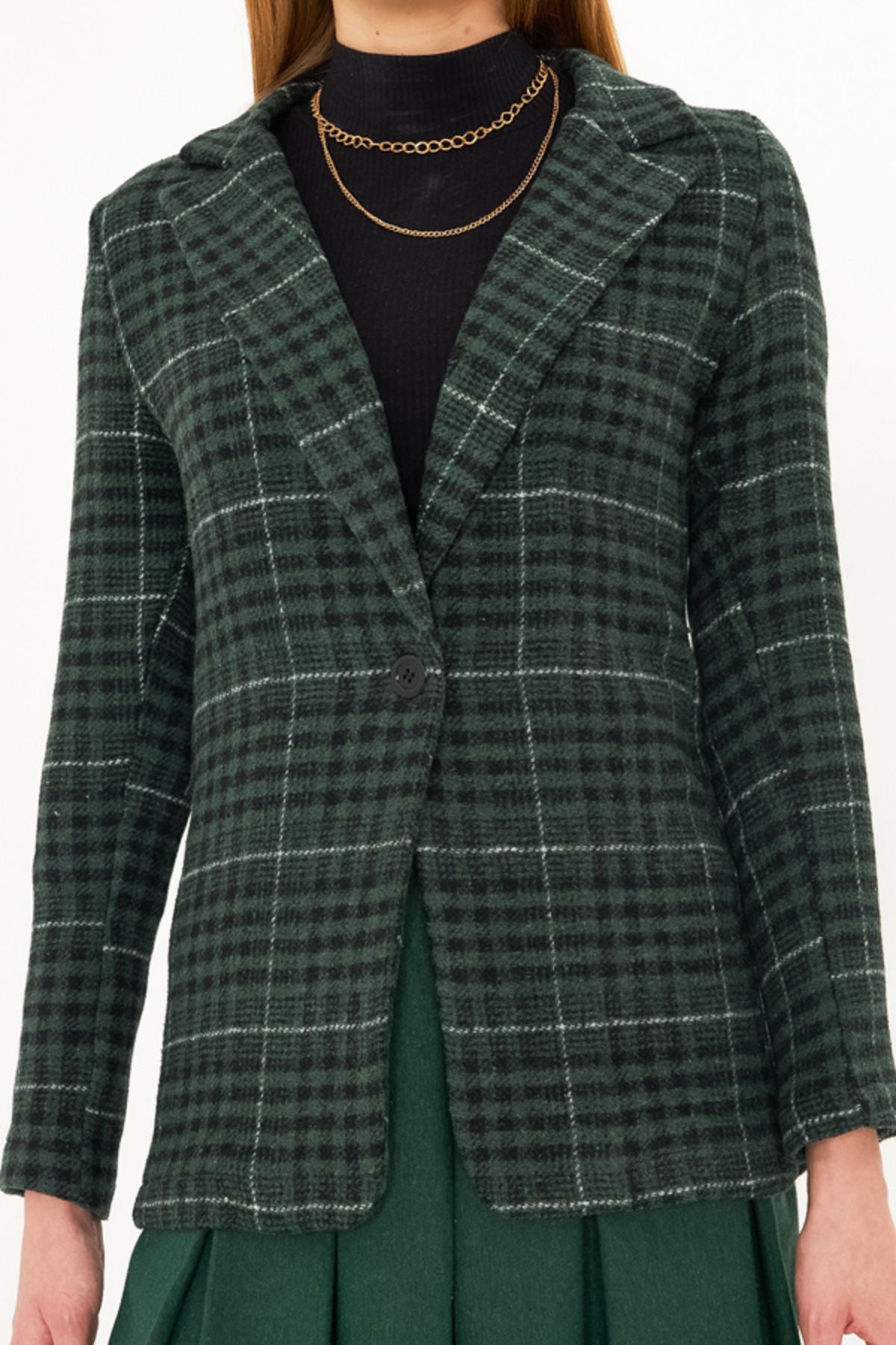 Female emerald plaid pattern single button stamp jacket ARM-25K001083