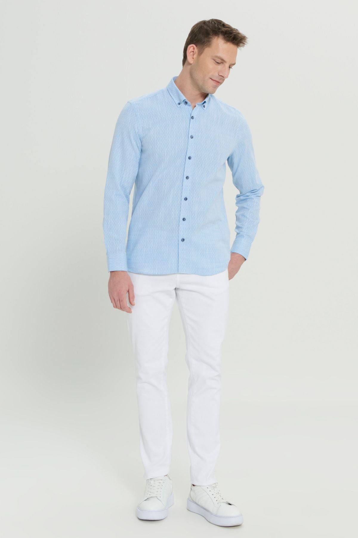 Men's Light Blue Slim Fit Narrow Cutting 100 %Cotton Ameful Buttoned Button Casual Shirt