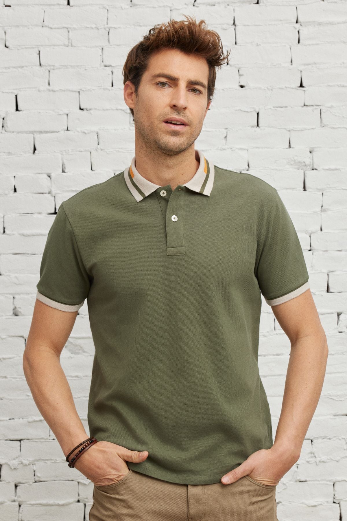 Male Khaki Slim Fit Narrow Cut 100 %Cotton Curiated Polo Yaka T -shirt