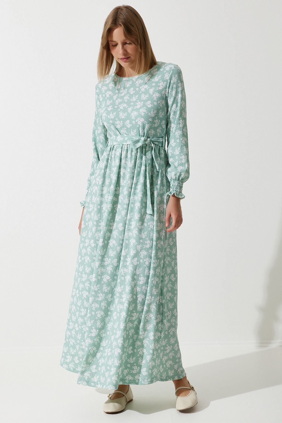 Women's Water Green Flowering Summer Long Knitting Dress DD01322