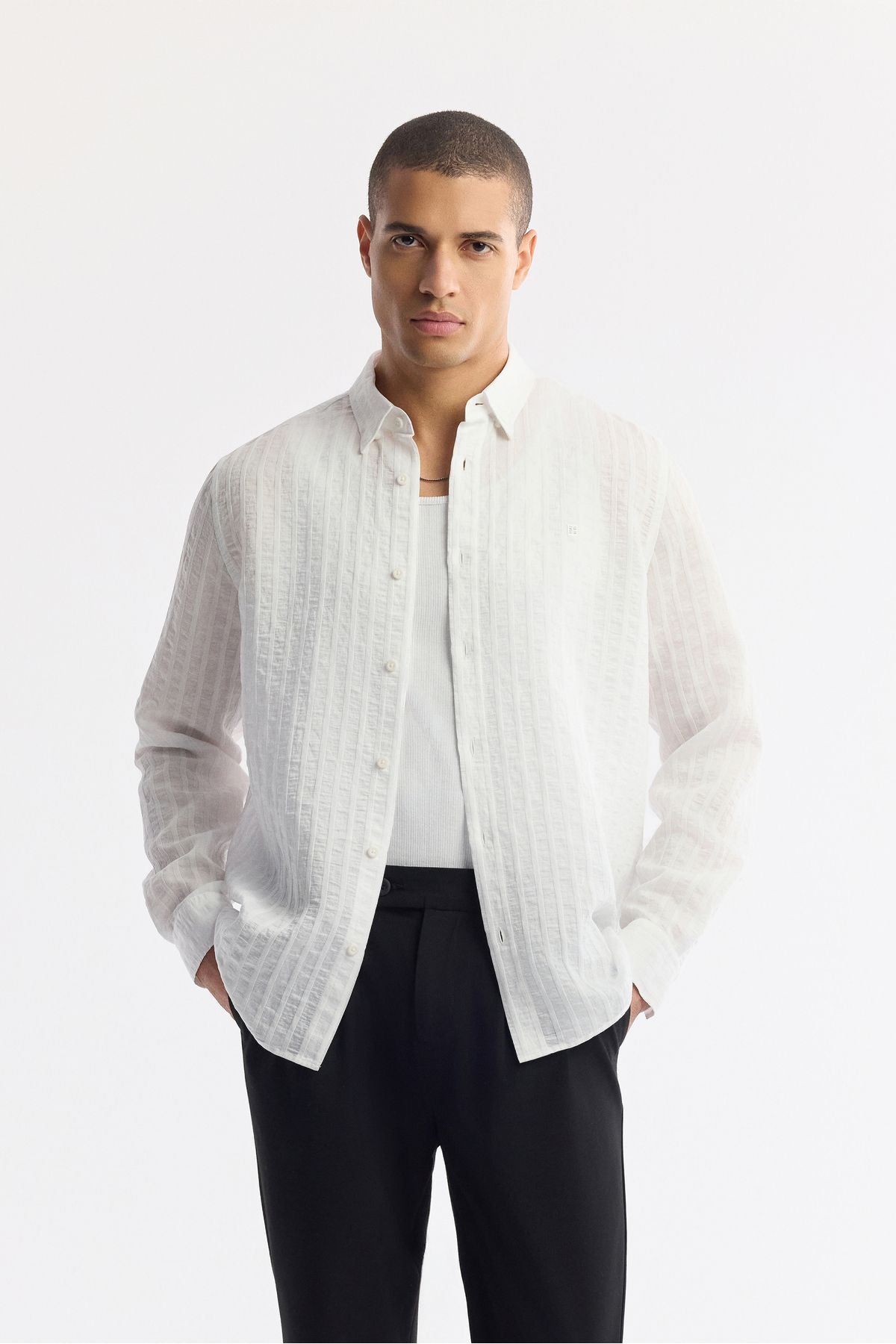 Men's White British collar striped Comfort Fit Long Sleeve Shirt A51y2012