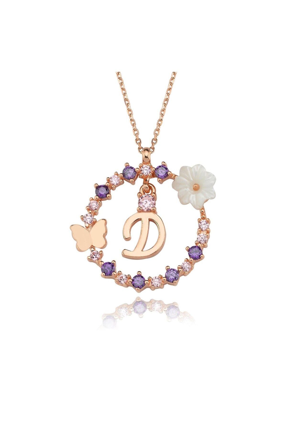 Magnolia Flower Dreams Glitter 14k Rose Gold D Letter Women Necklace