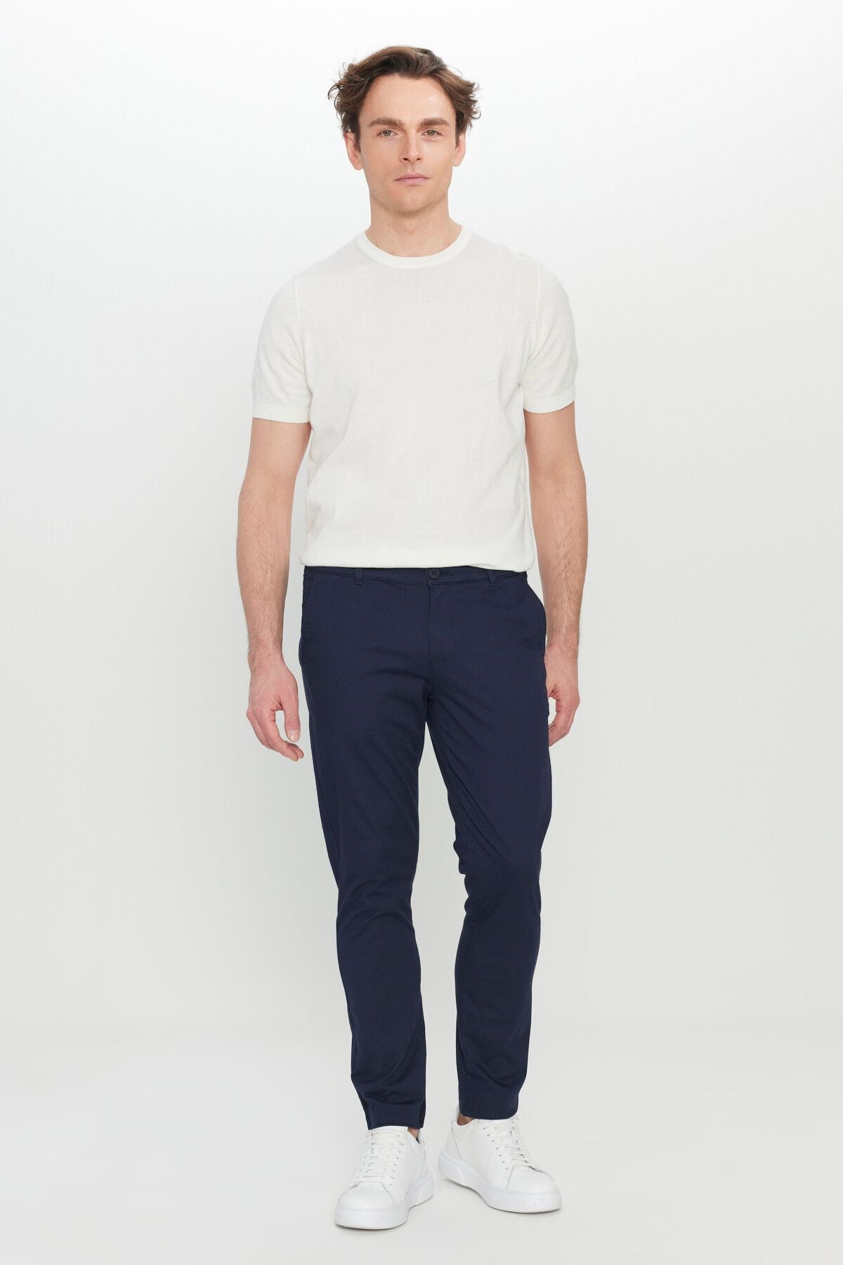 Men's navy blue cotton slim fit narrow cut side pocket flexible casual pants