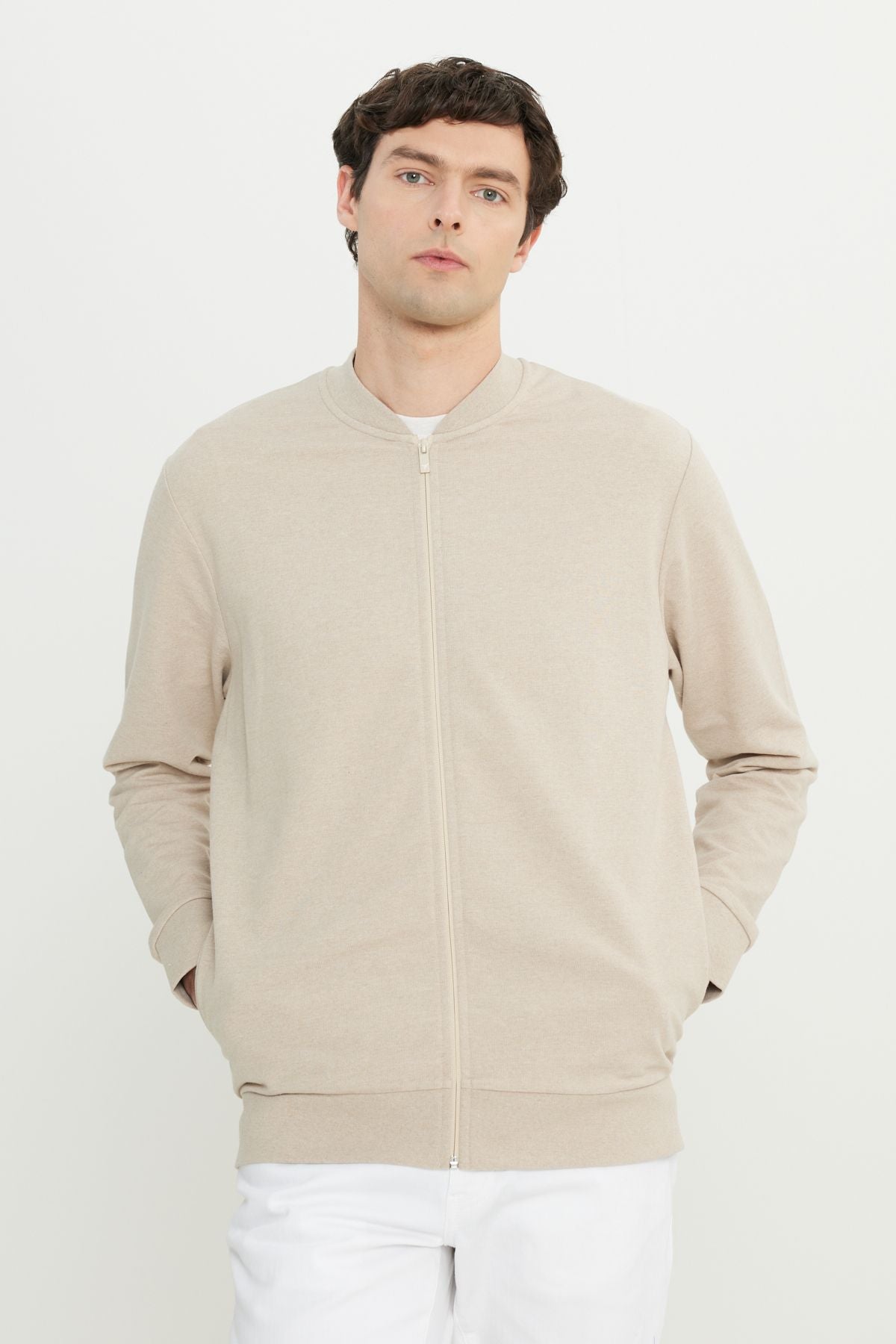 Men's Beige Cotton Standard Fit Normal Cutting College Side Cep Sweatshirt Jacket