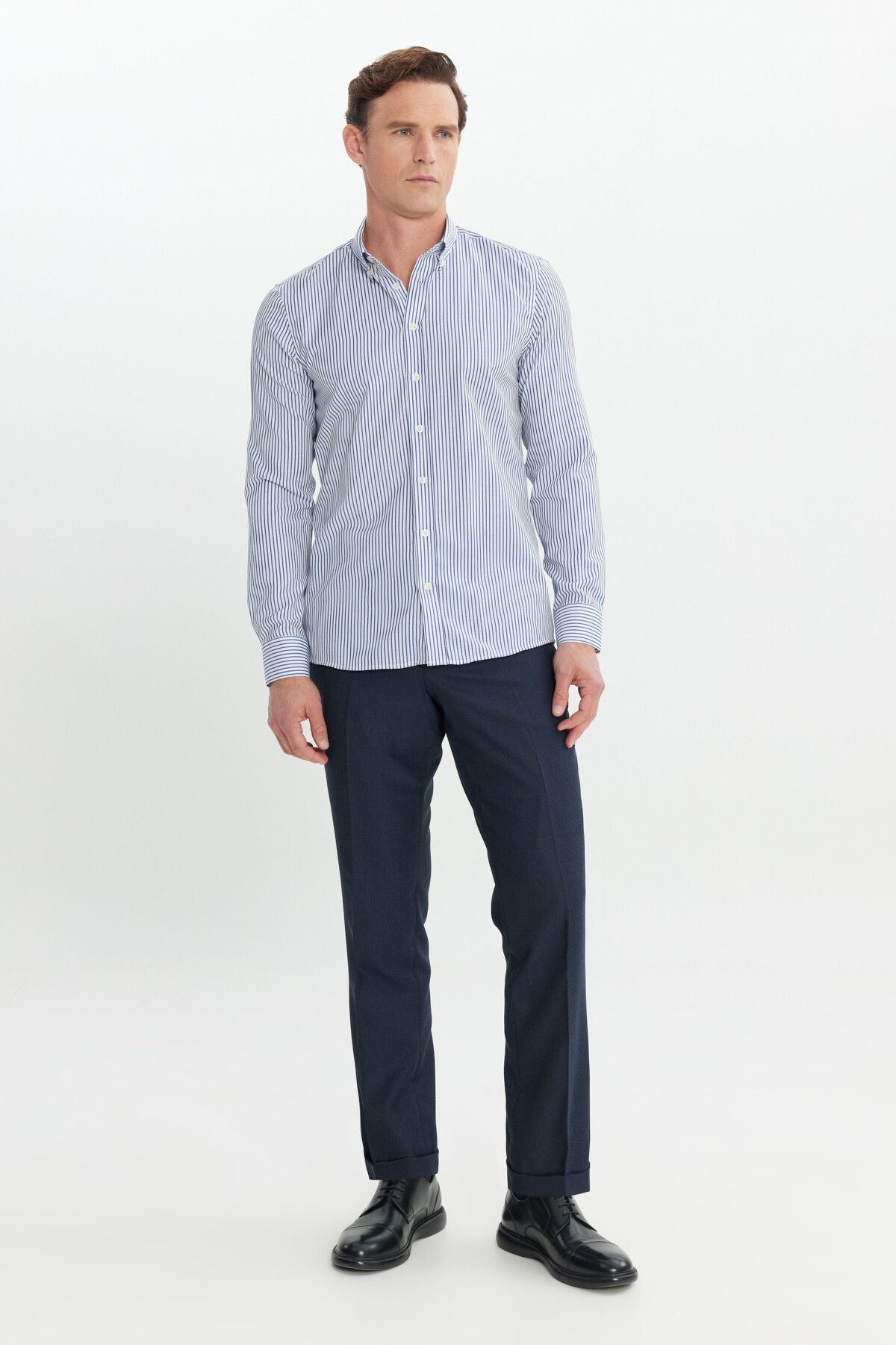 Men's white-blue cotton slim fit narrow cut button shirt shirt with shirt striped shirt