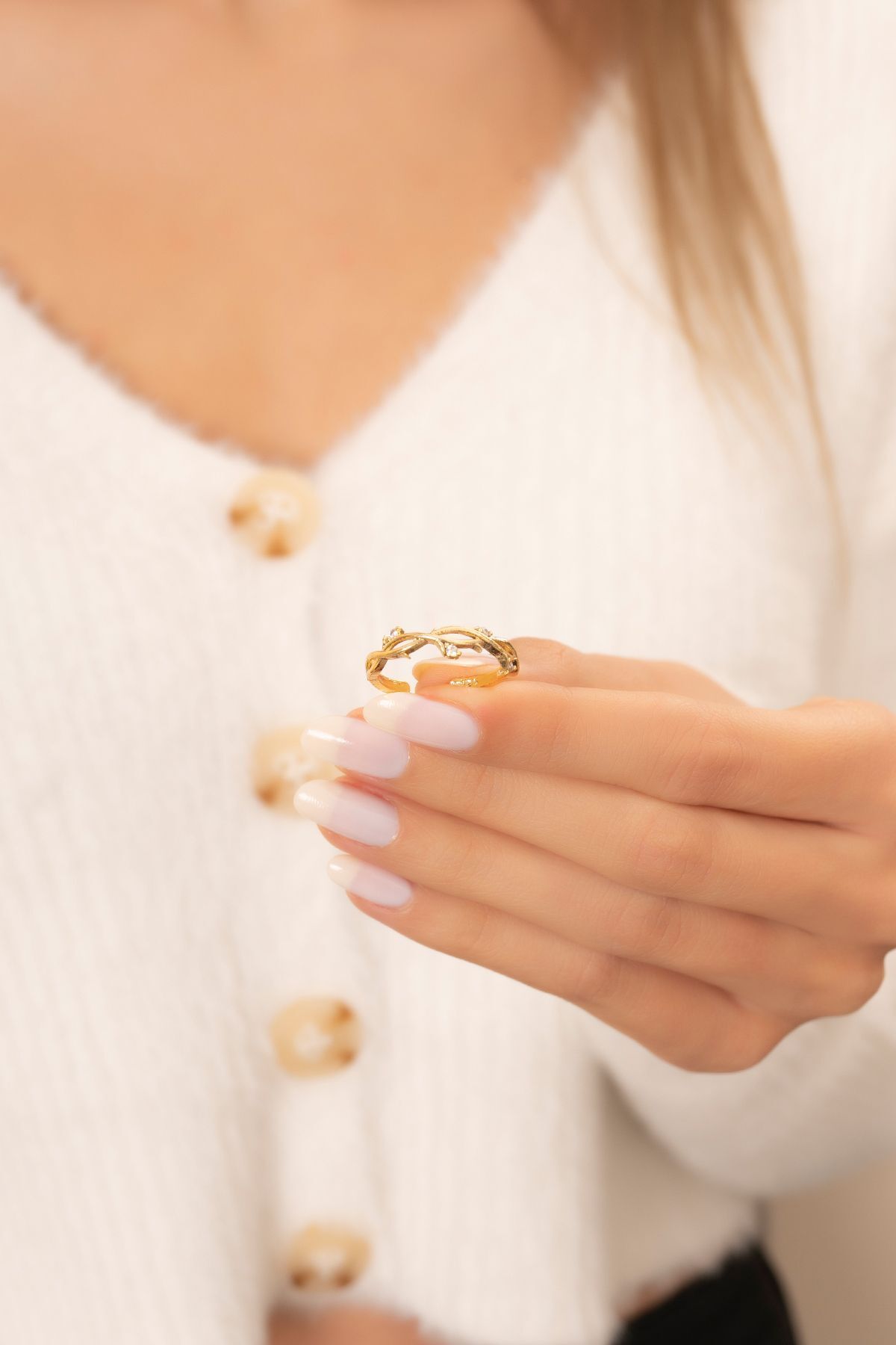 Stone ivy branch model 14k gold plated adjustable female ring