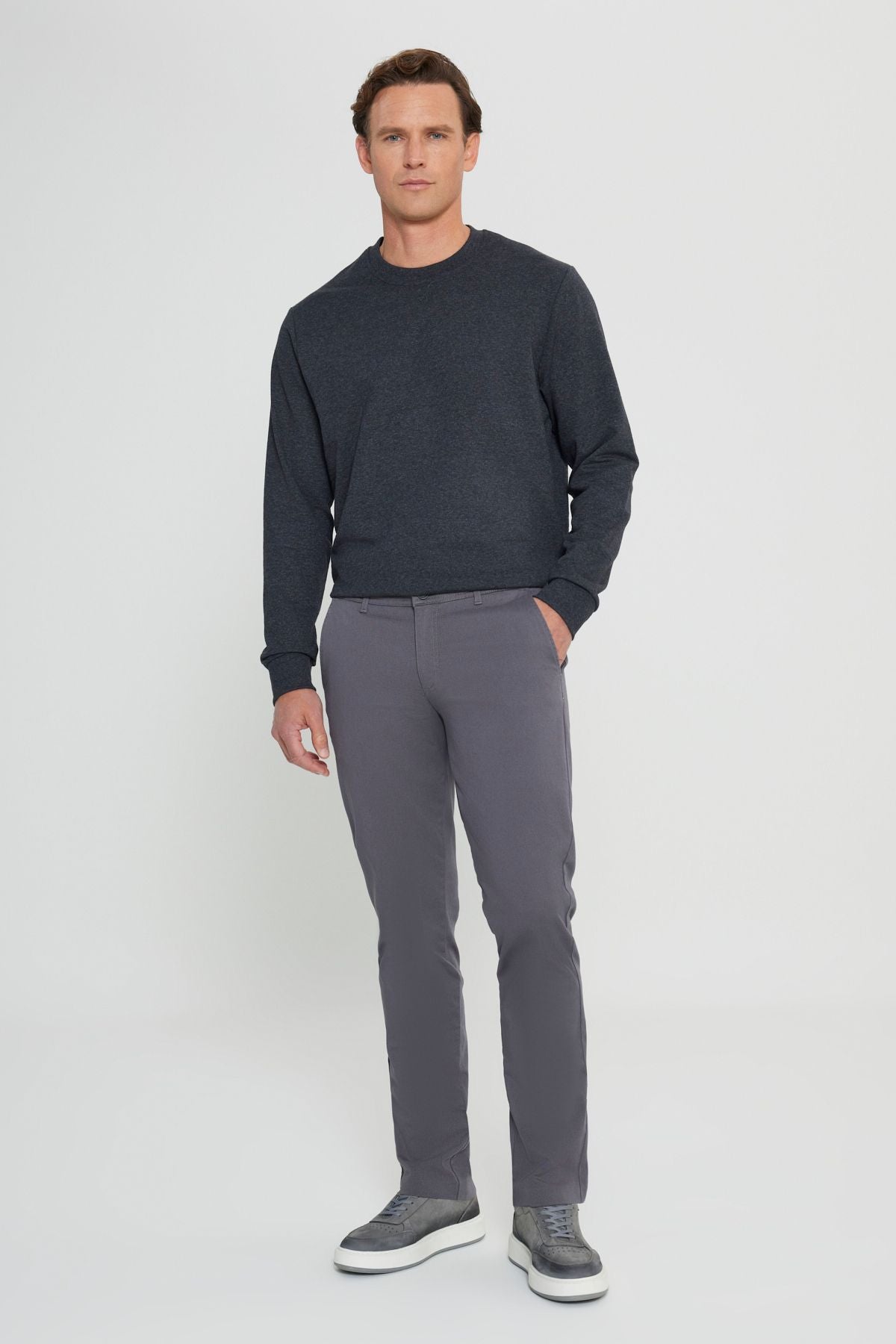 Men's anthracit-melanj standard fit normal cut 2 yarn recycle cotton bike collar sweatshirt