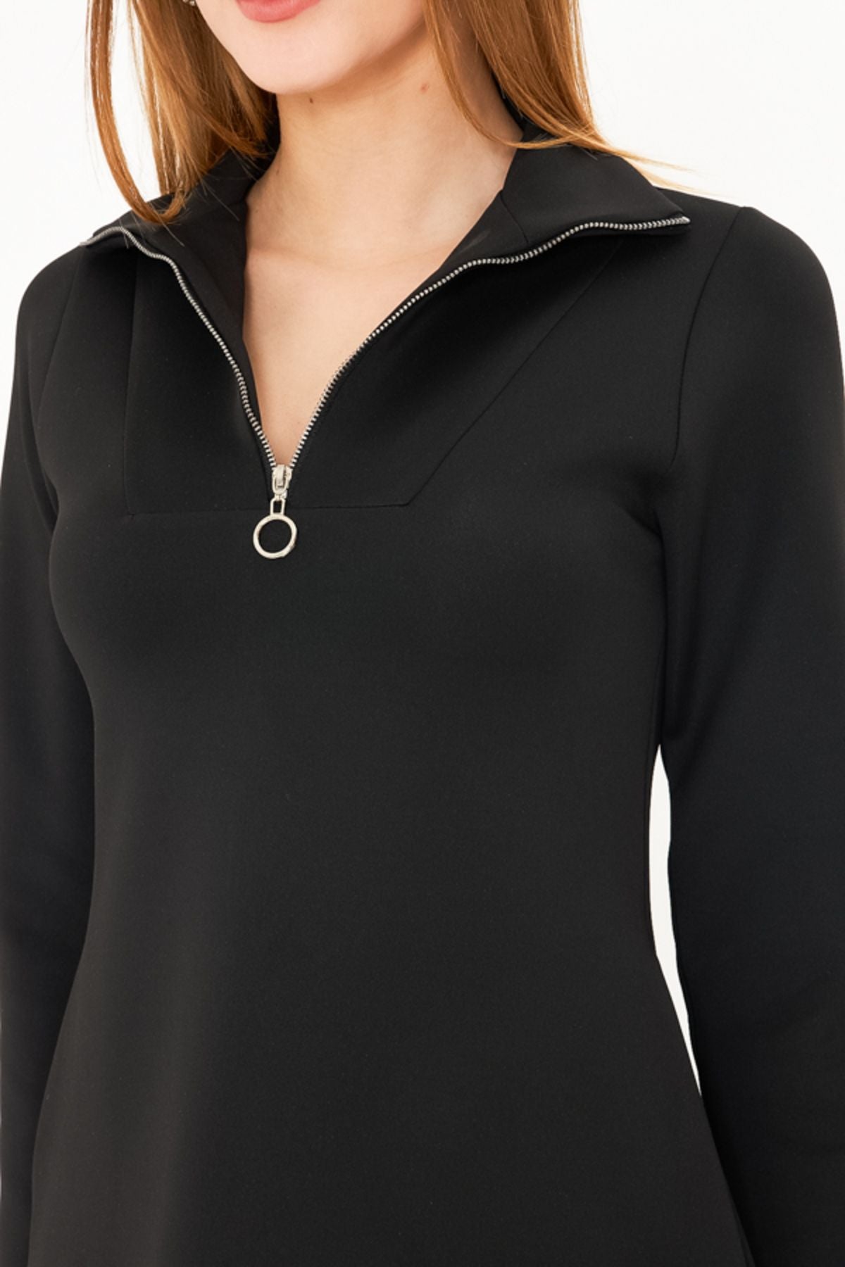Female black upright collar zipper pocket detailed diver fabric mini dress ARM-25K001072