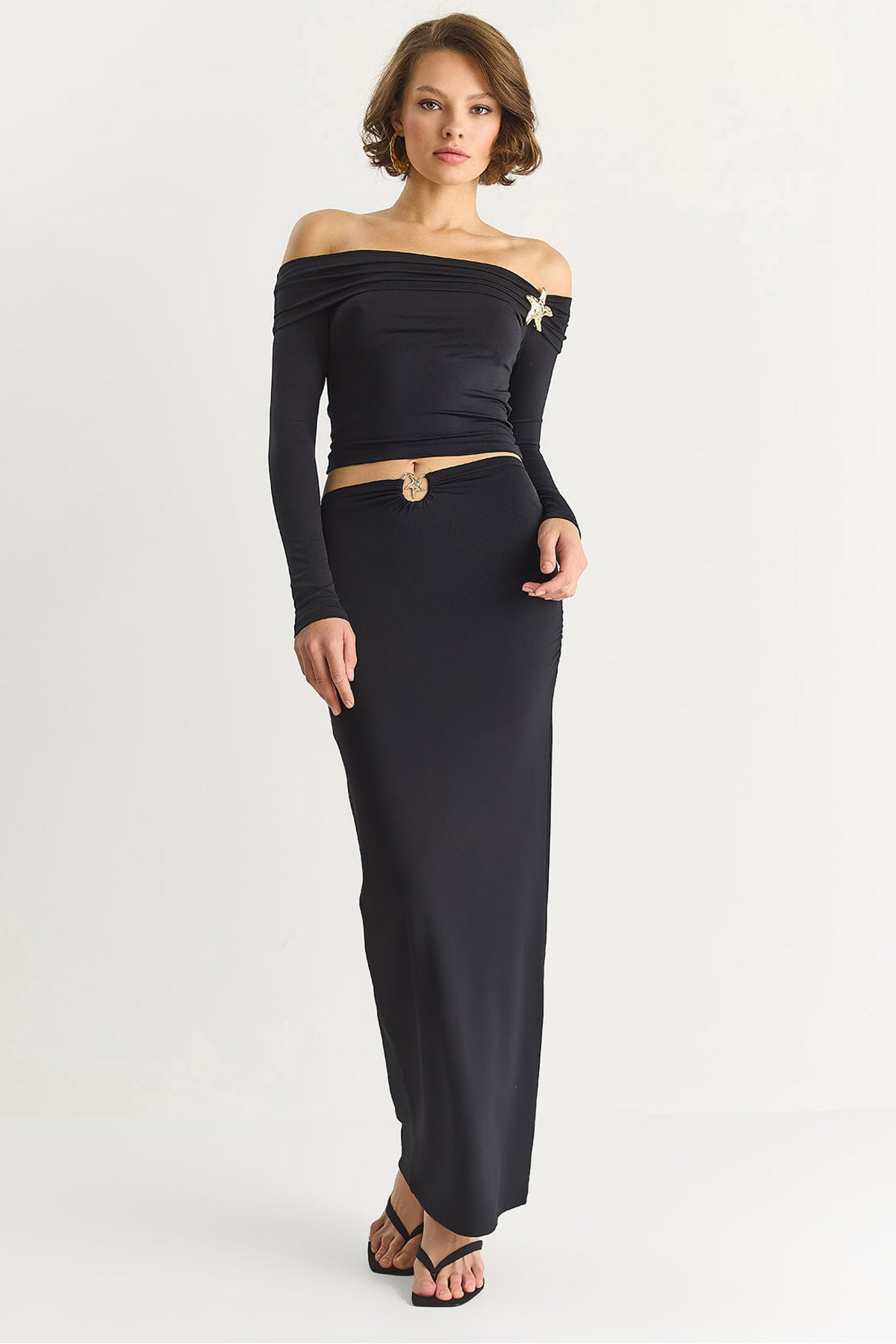 Women's Accessory Detailed Collar Collar Blouse Long Skirt Lycra Saran Suit 10873 60283552