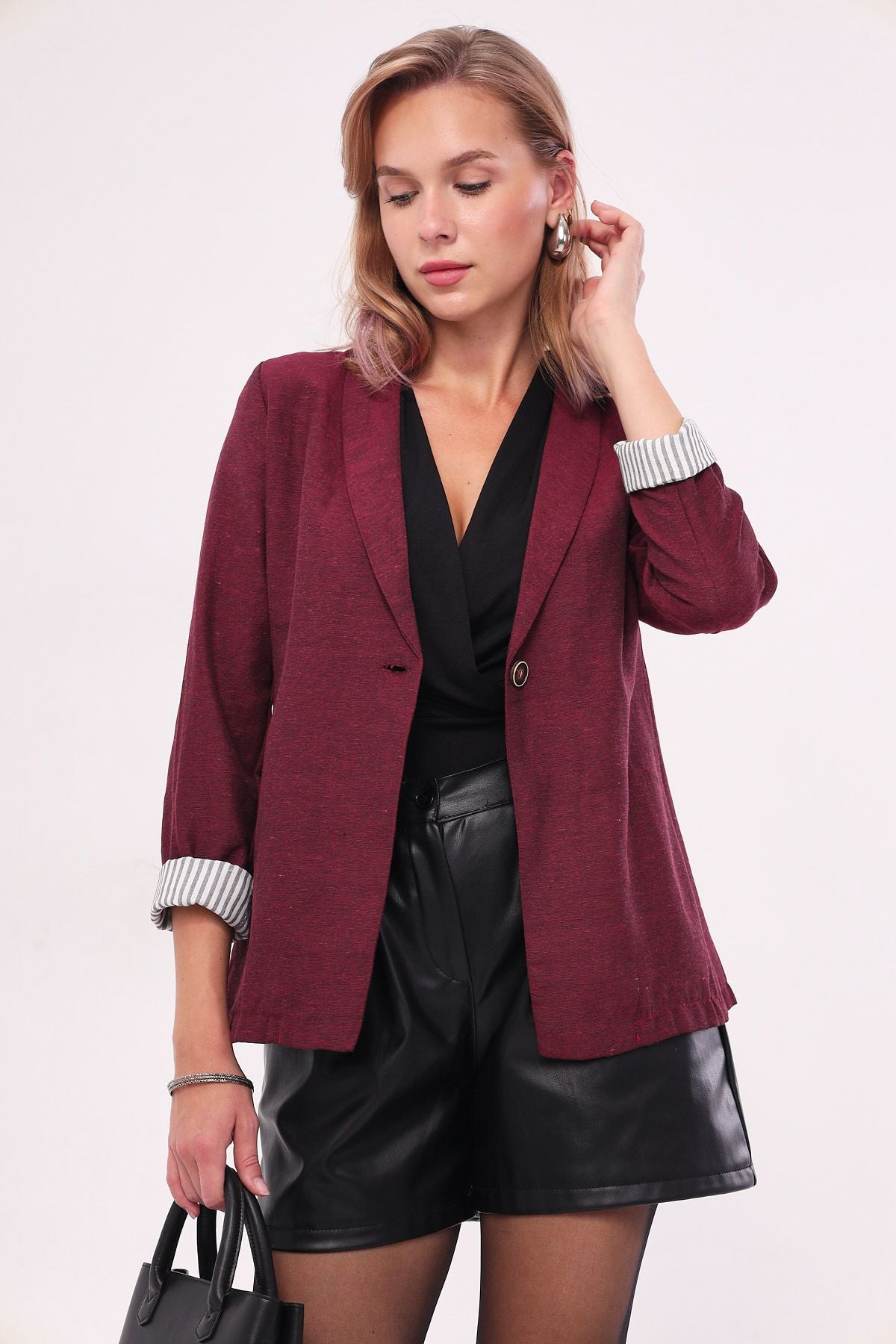 Female Bordeaux Sleeve Striped Single button Jacket ARM-22K001122