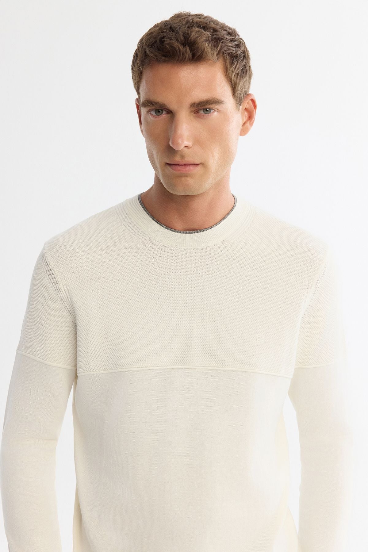 Men's Ecru Bicycle Collar Double Collar Detailed Cotton Knitwear Sweater A42Y5190