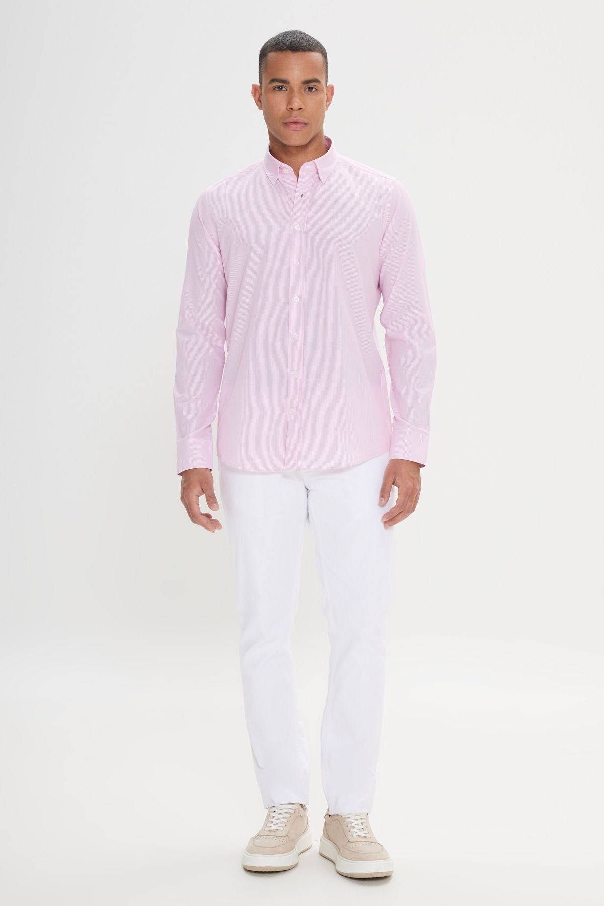Men's White-Pink Slim Fit Narrow Cut Hidden buttoned collar cotton striped shirt
