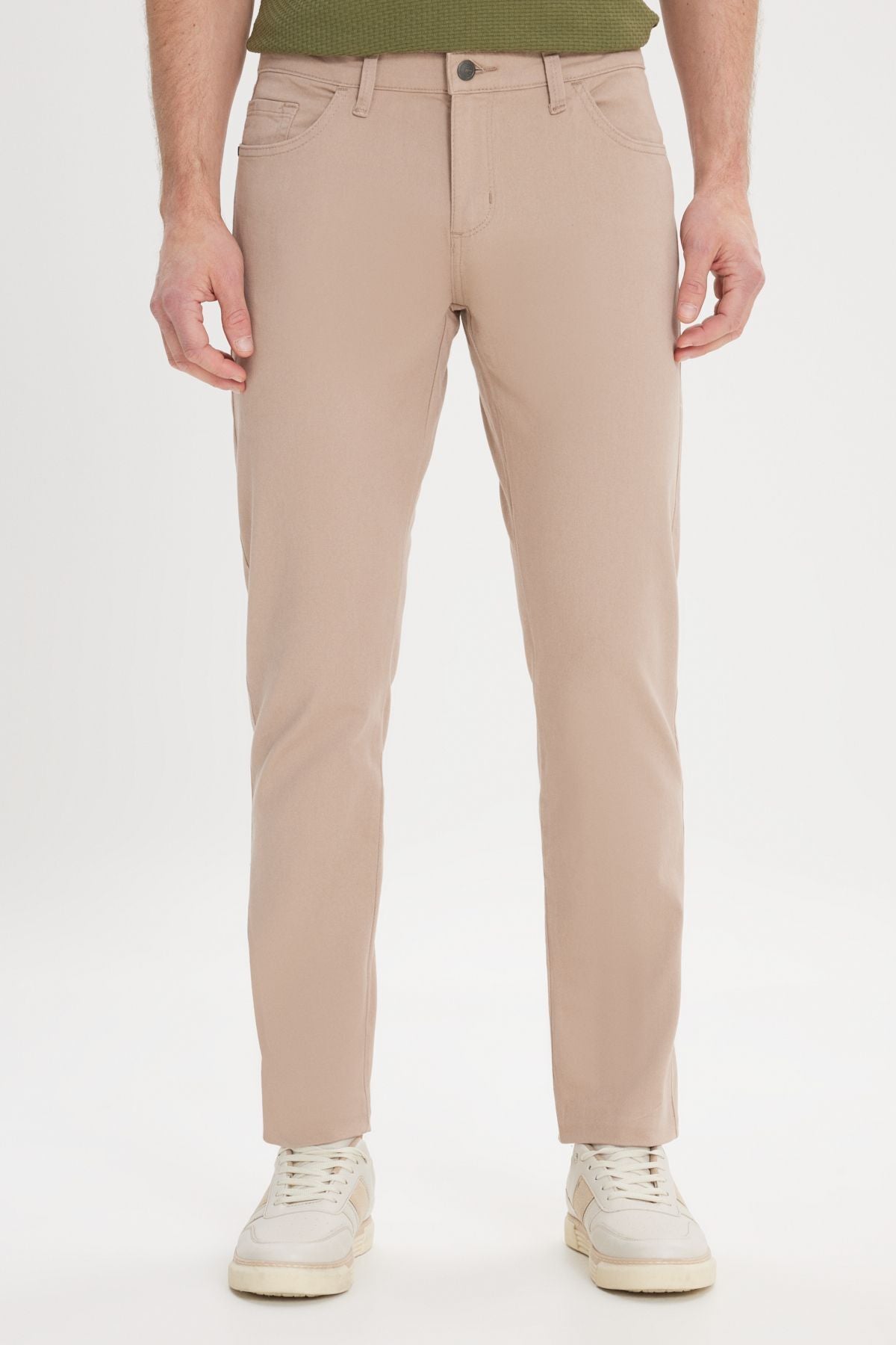 Men's Beige Slim Fit Narrow Cut 5 pocket cotton canvas flexible chino pants
