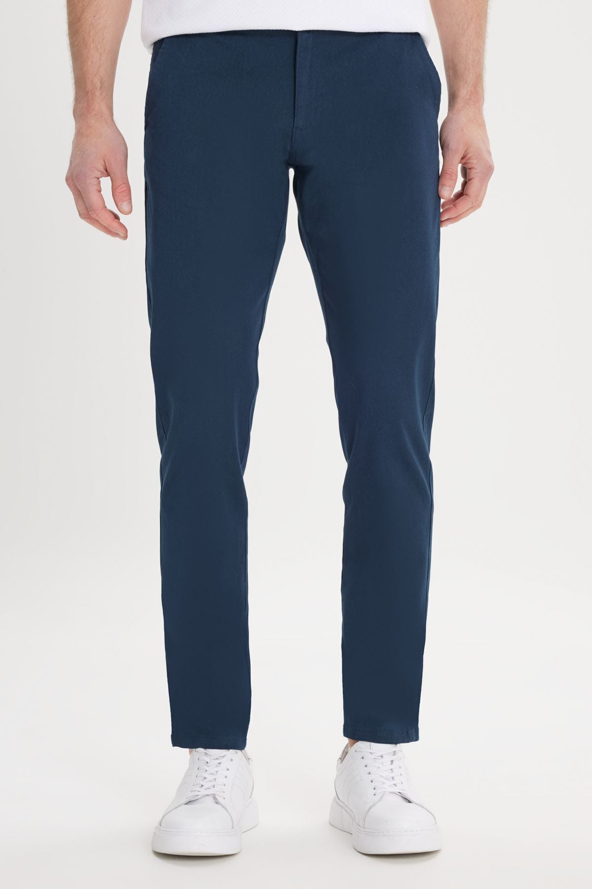 Men's navy blue canvas slim fit narrow cut side pocket flexible chino pants